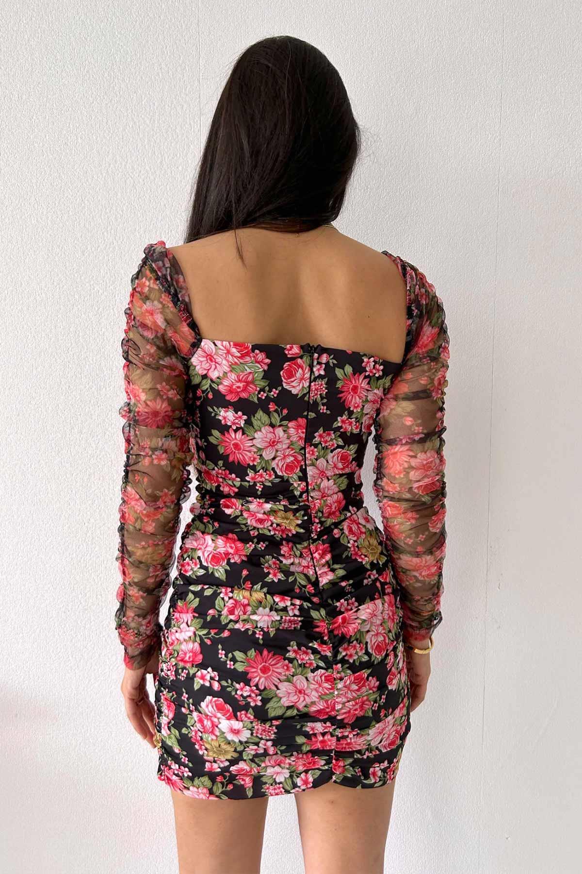 Kolları Tül Çiçek Drape Elbise