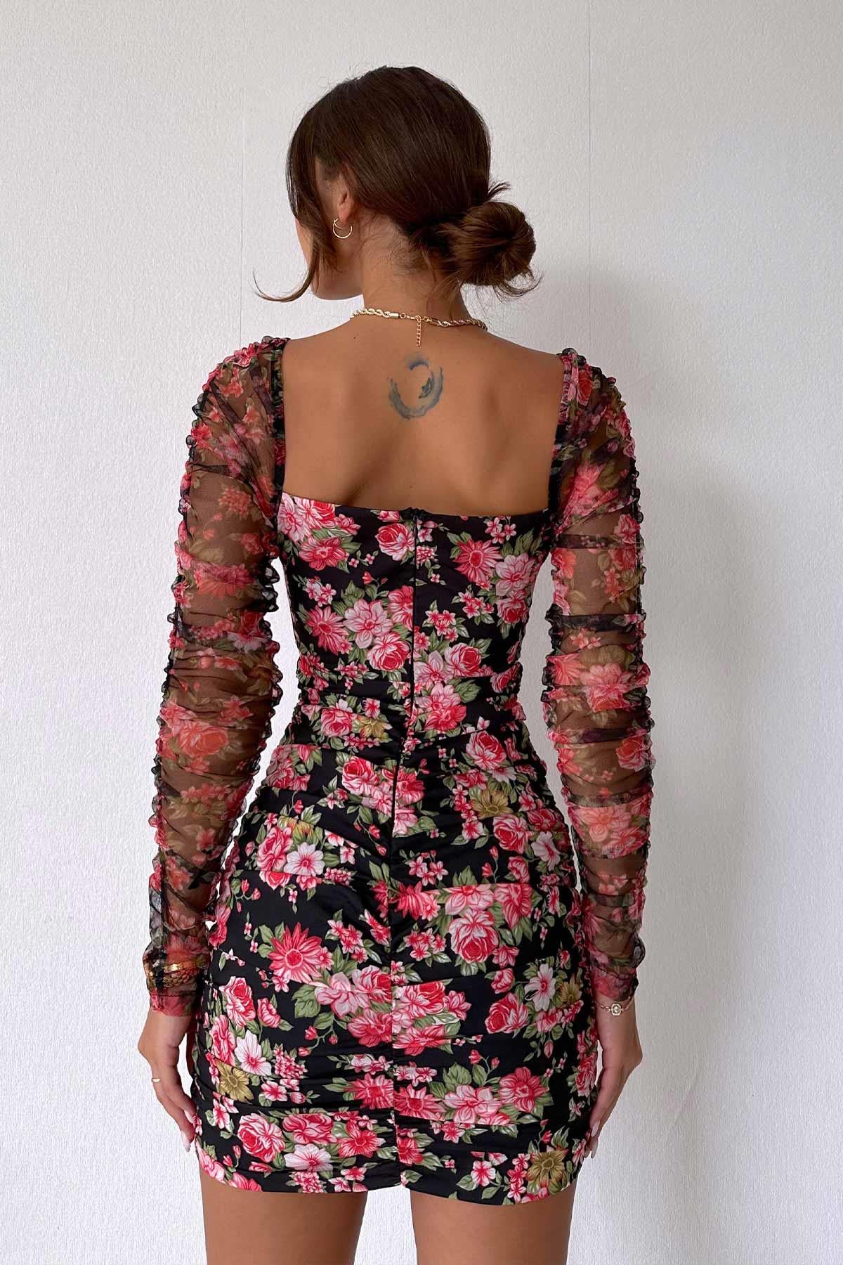Kolları Tül Çiçek Drape Elbise