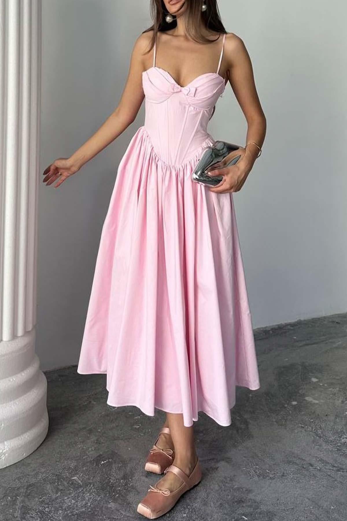 Korsaj Detay Fiyonklu Midi Poplin Kadın Elbise - Pembe