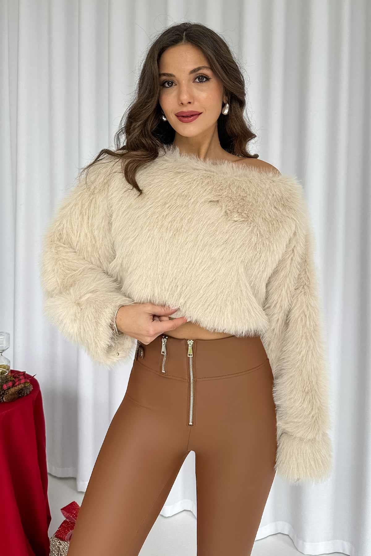 Kürk Detaylı Astarlı Crop - Bej