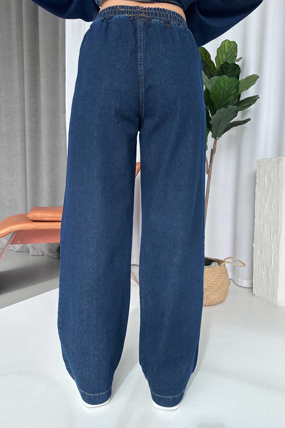 Kuşak Detay Asimetrik Yaka Denim Takım - Lacivert