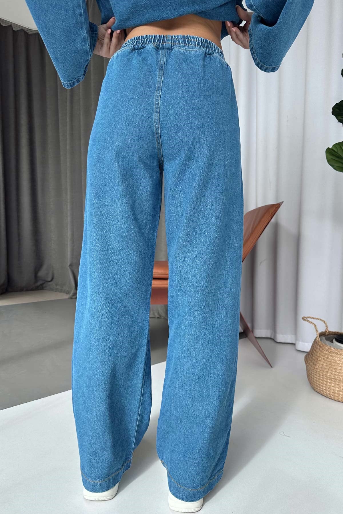 Kuşak Detay Asimetrik Yaka Denim Takım - Mavi