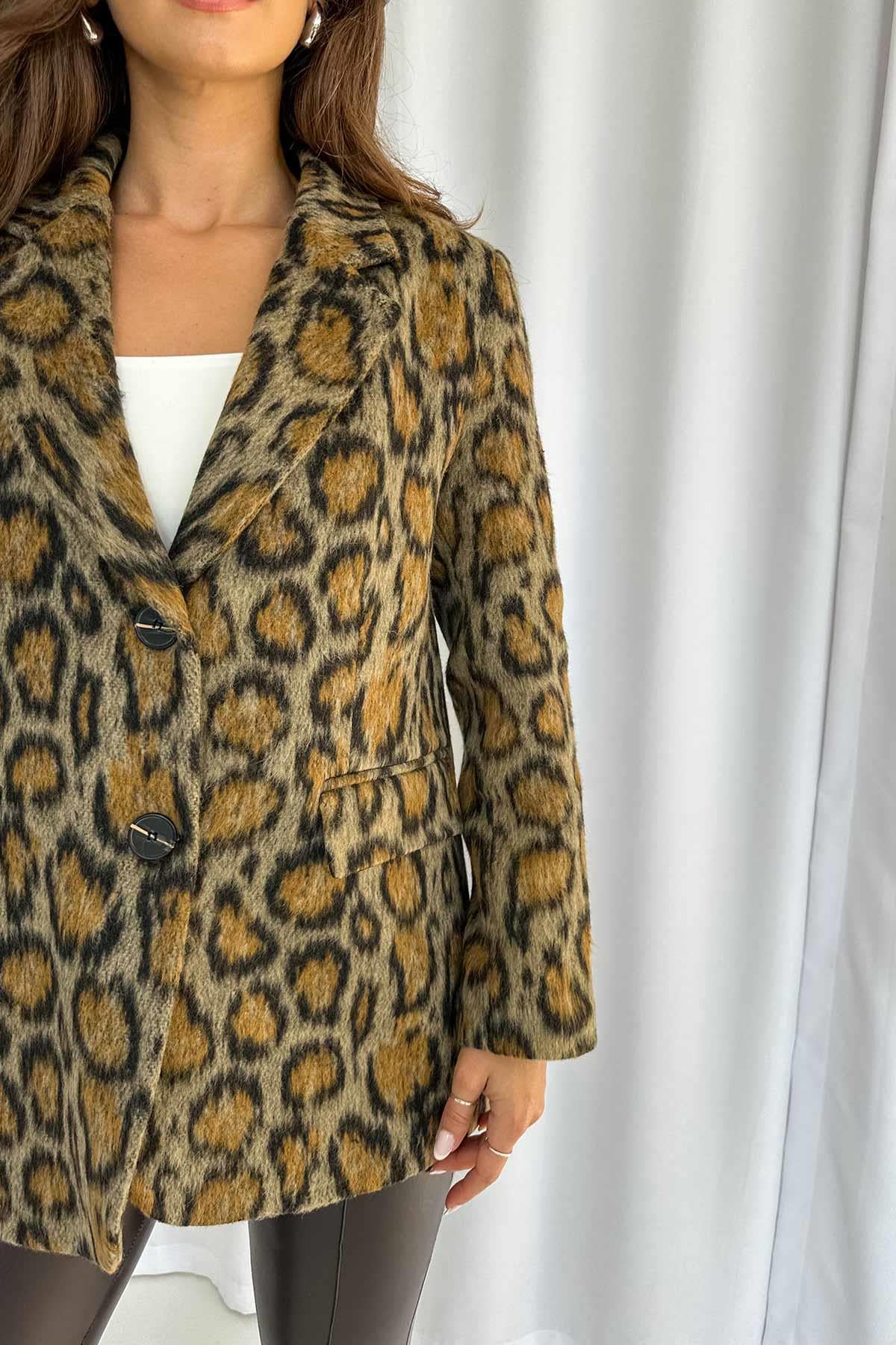 Leopar Desen Blazer Ceket - Kahverengi