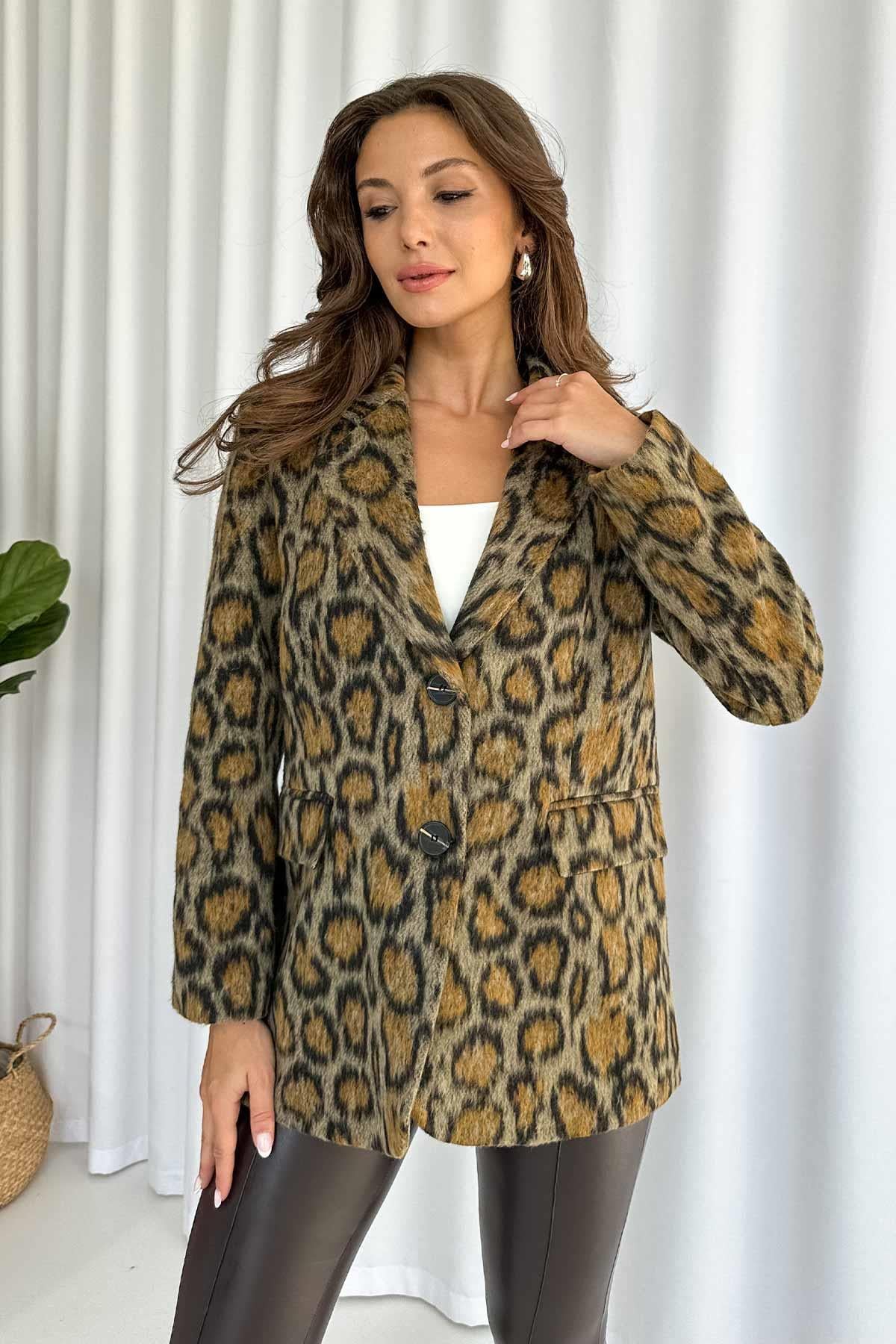 Leopar Desen Blazer Ceket - Kahverengi
