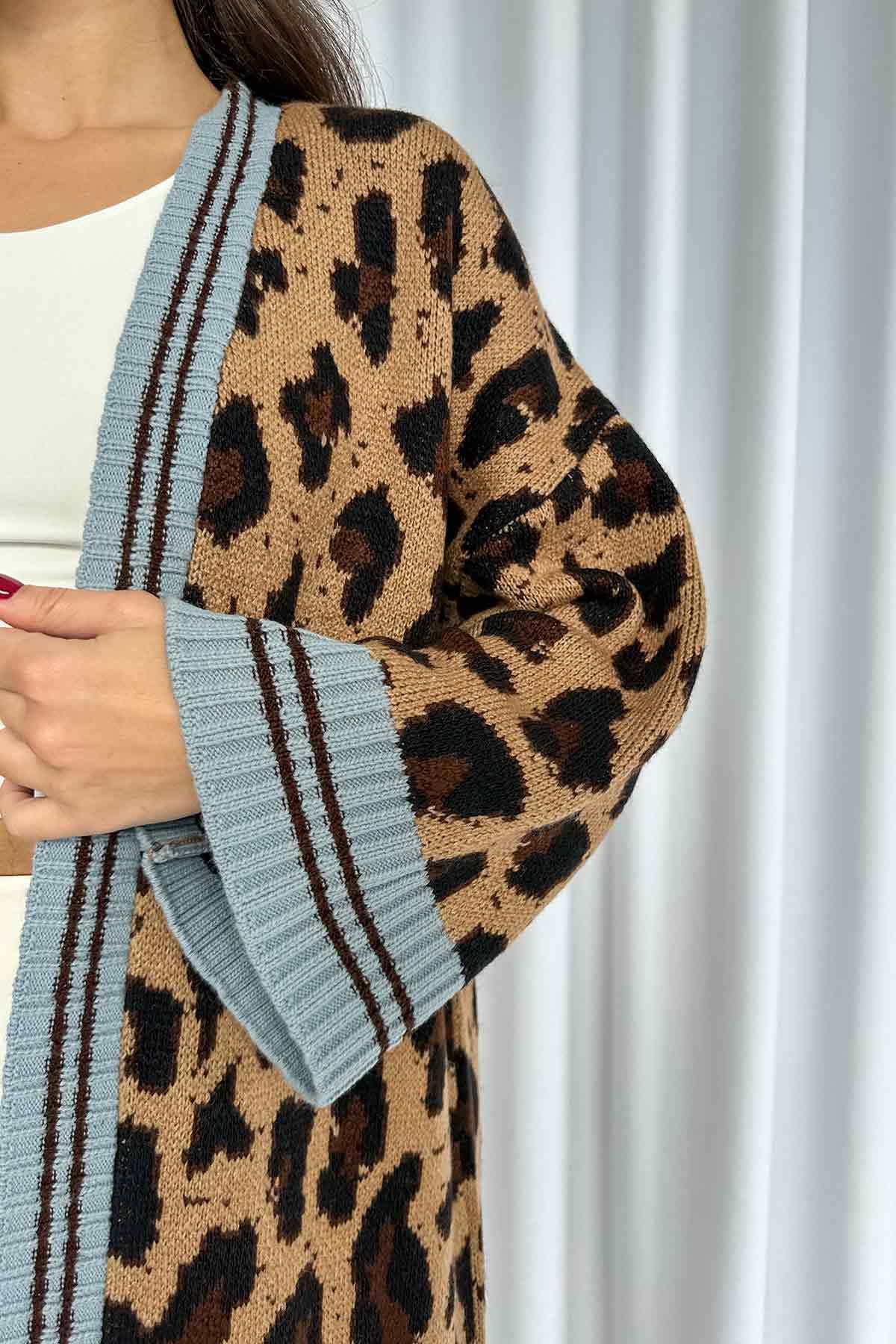 Leopar Desenli Şerit Detay Uzun Örme Hırka - Mavi