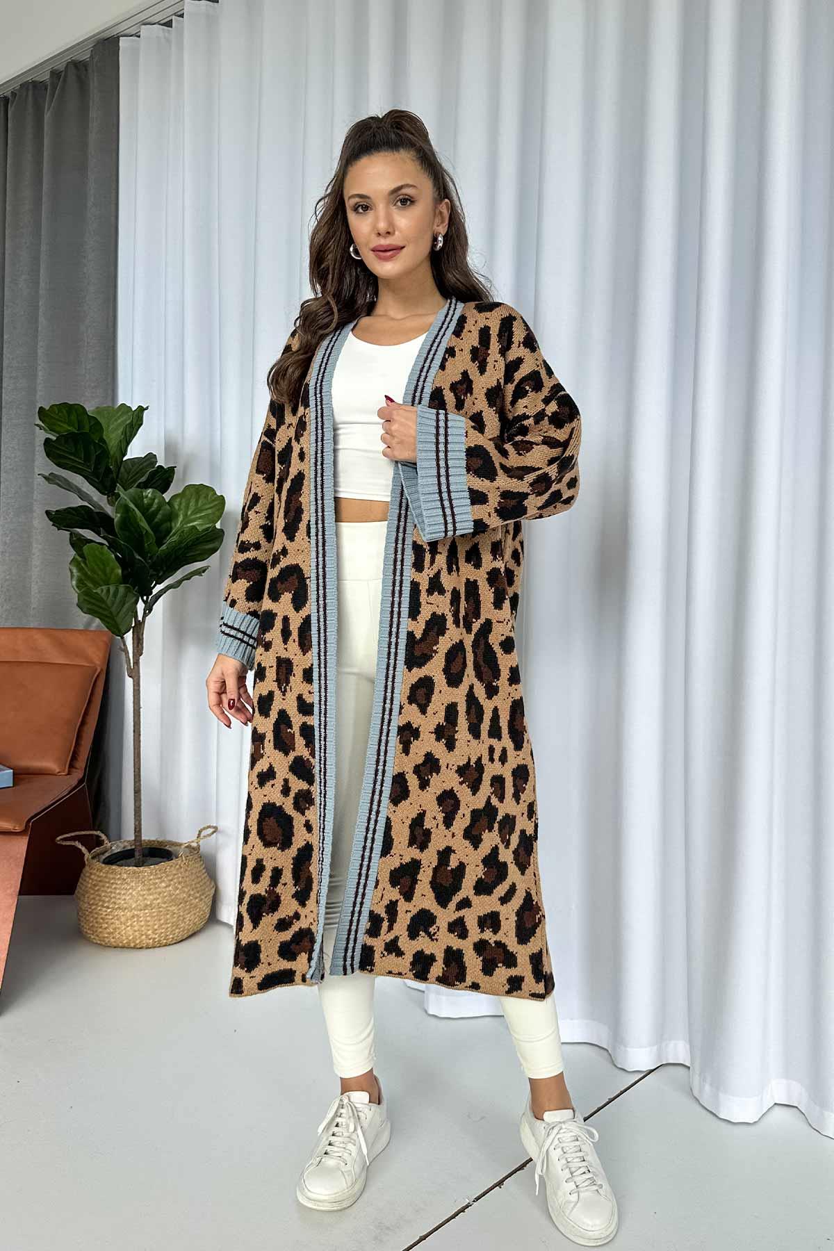 Leopar Desenli Şerit Detay Uzun Örme Hırka - Mavi