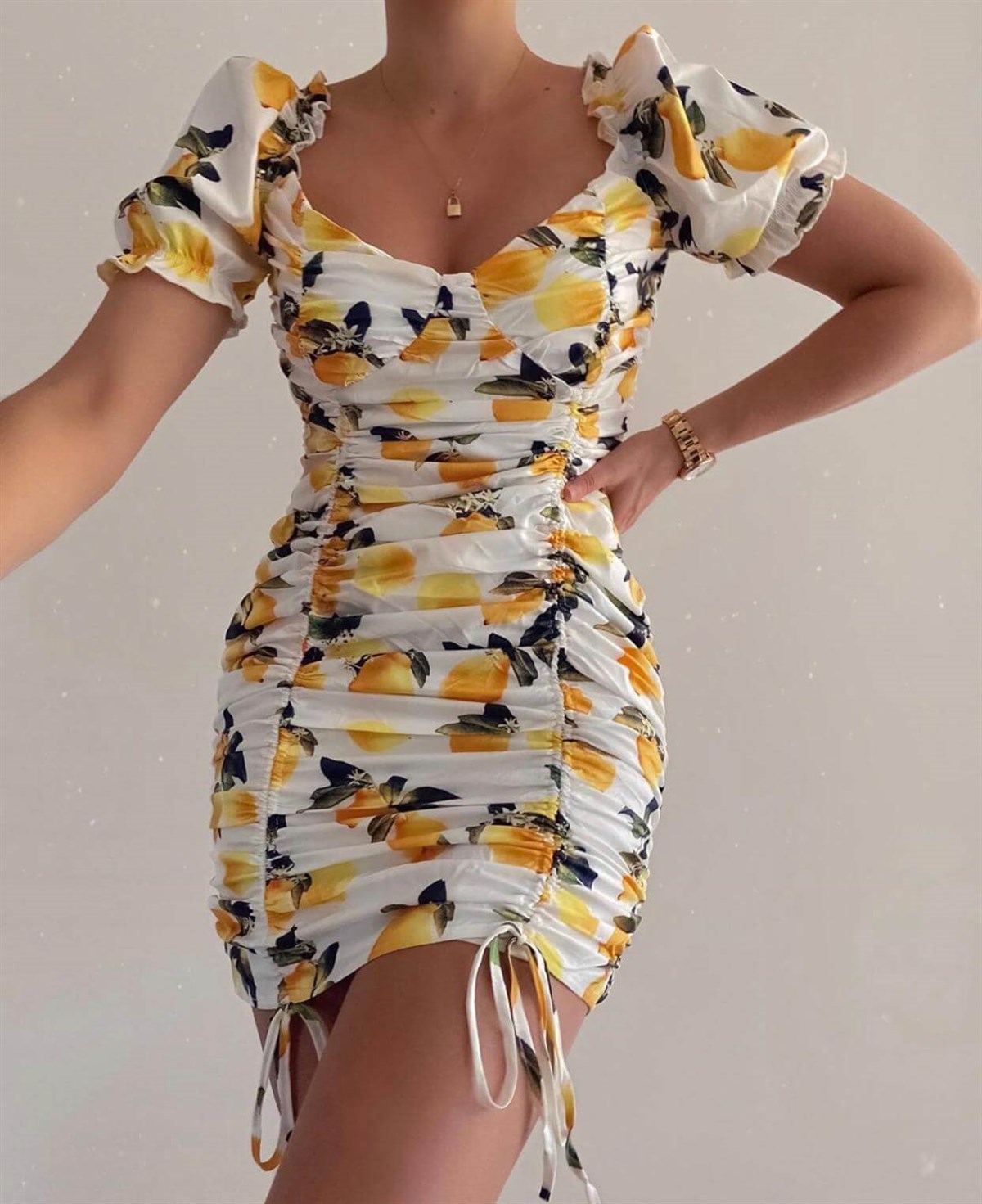 Limon Desen Büzgü Mini Elbise