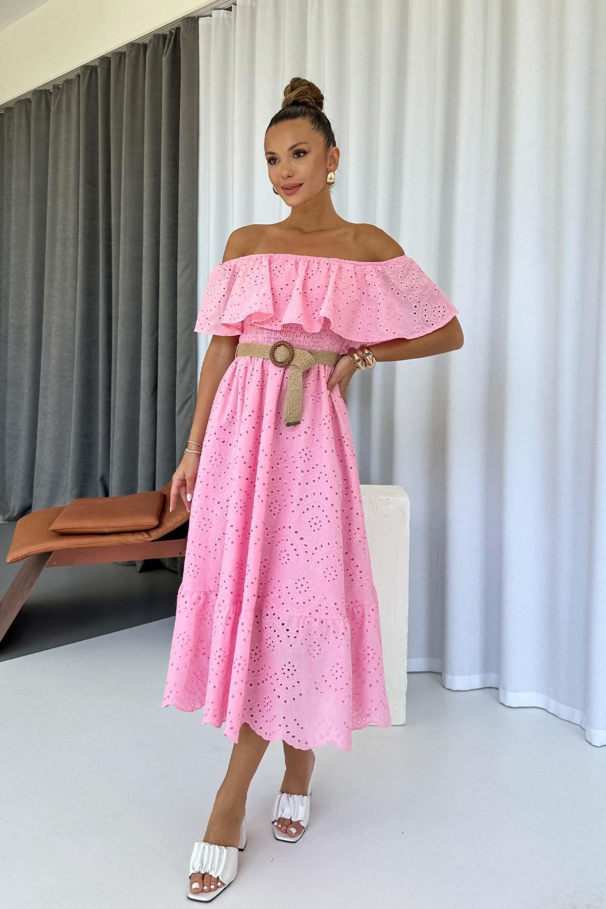 Madonna Yaka Fisto Detaylı Kemerli Elbise - Pembe