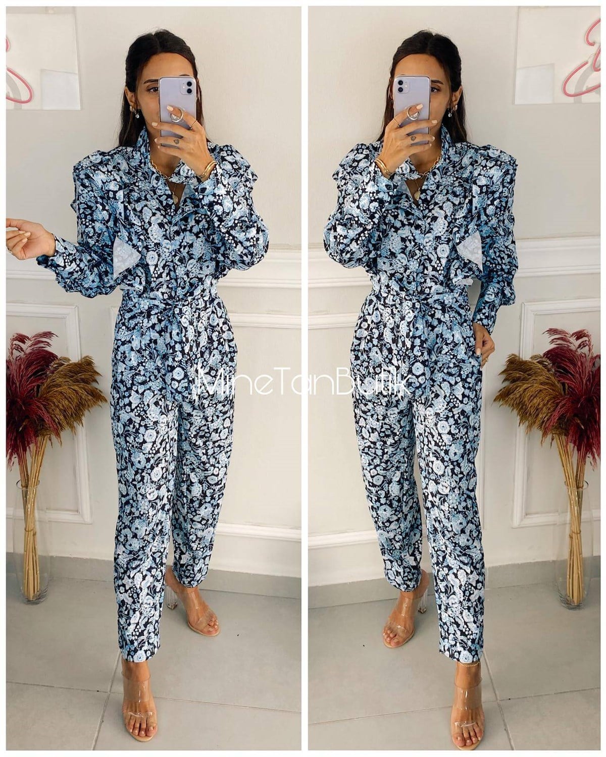 Mavi Çiçek Desen Tulum