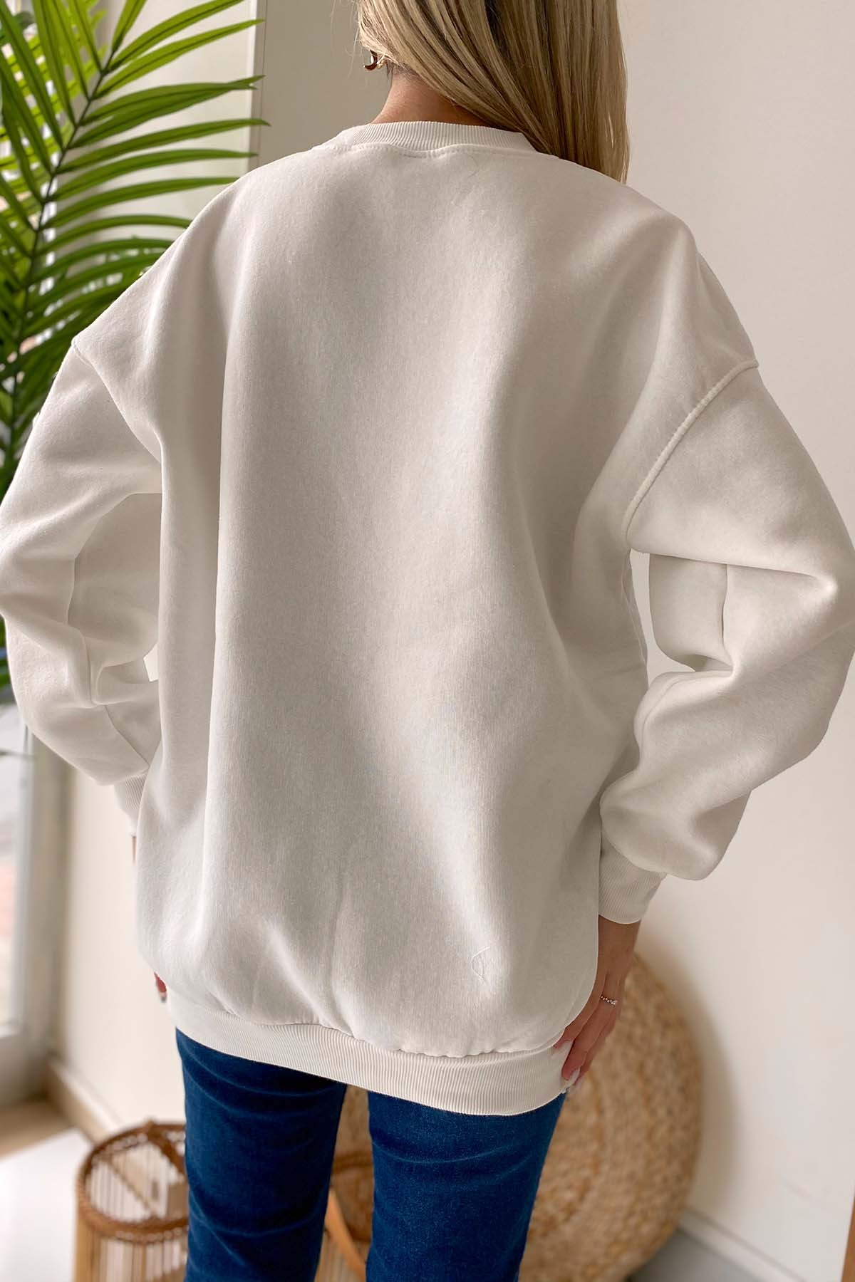 Miav Baskılı Bisiklet Yaka Sweatshirt - Beyaz