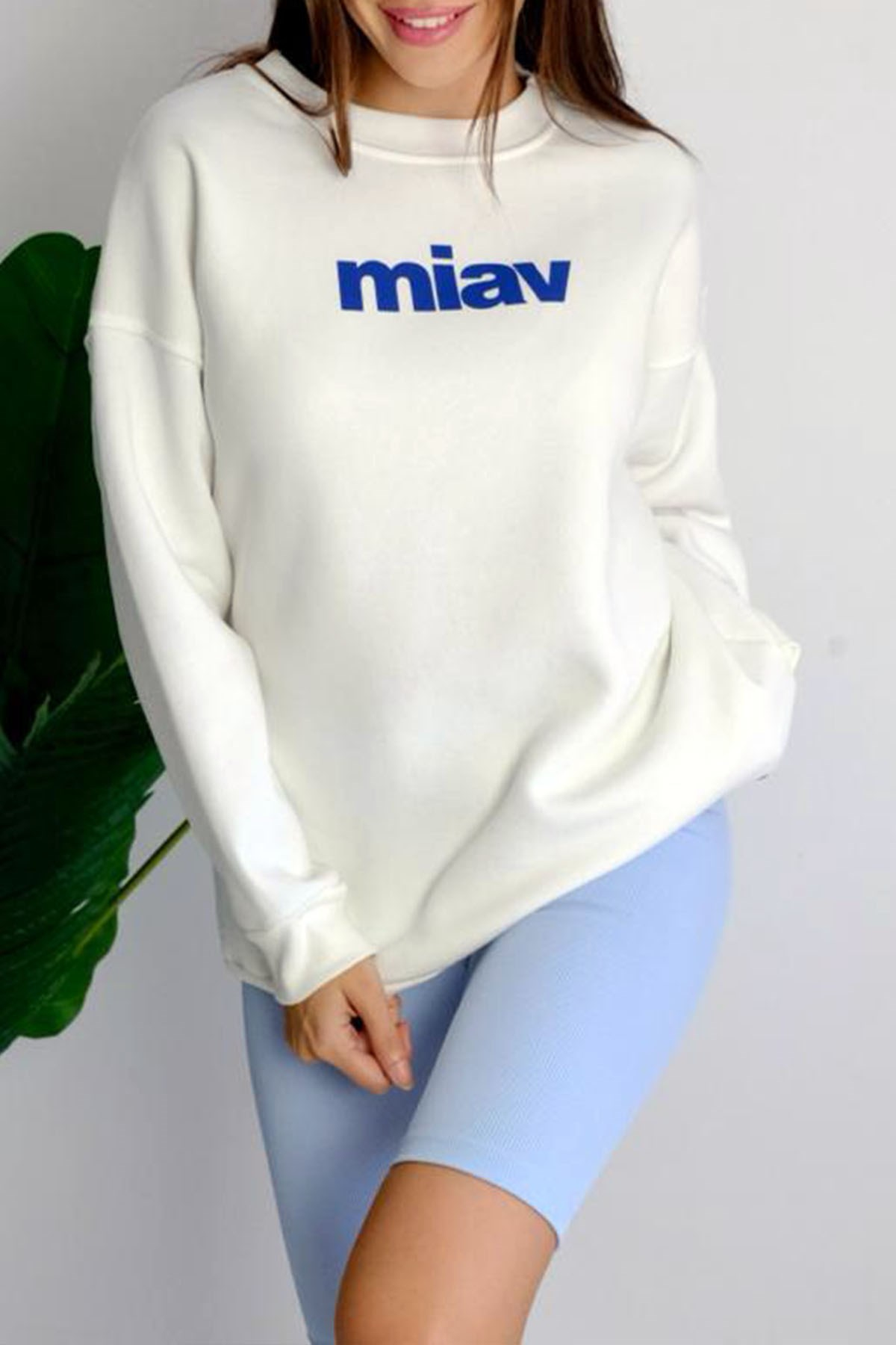 Miav Baskılı Bisiklet Yaka Sweatshirt - Beyaz