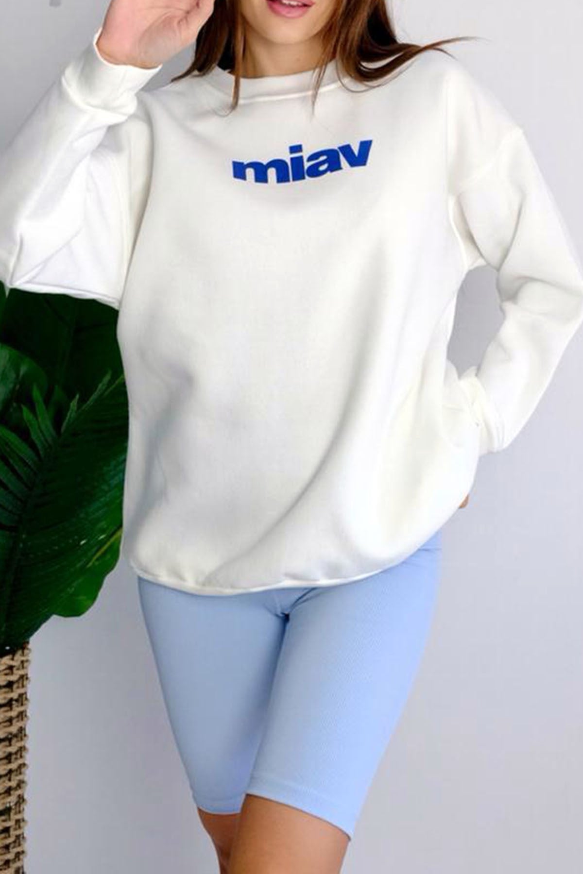 Miav Baskılı Bisiklet Yaka Sweatshirt - Beyaz