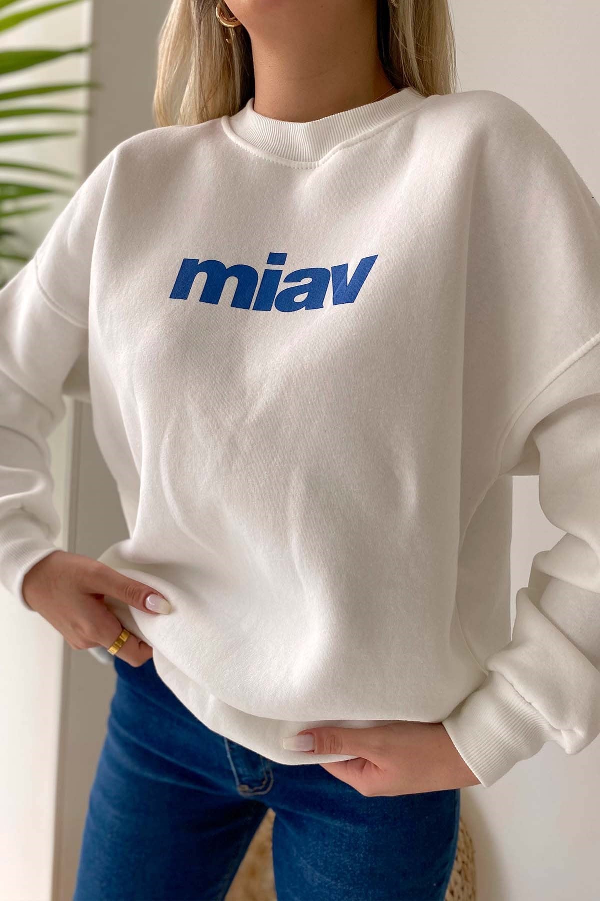 Miav Baskılı Bisiklet Yaka Sweatshirt - Beyaz