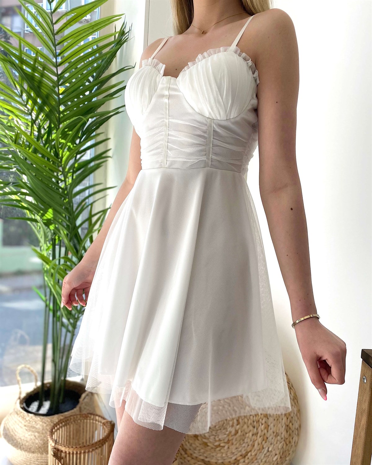 Mini Drape Tül Detay Elbise