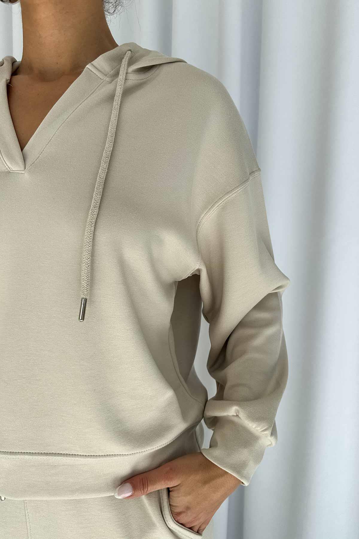 Modal Kumaş Kapüşonlu Sweatshirt - Bej