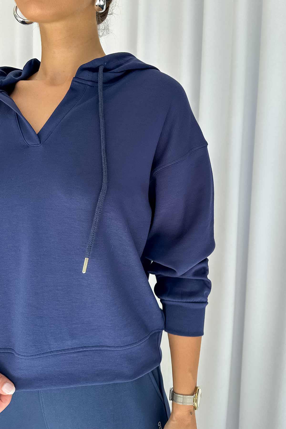 Modal Kumaş Kapüşonlu Sweatshirt - İndigo