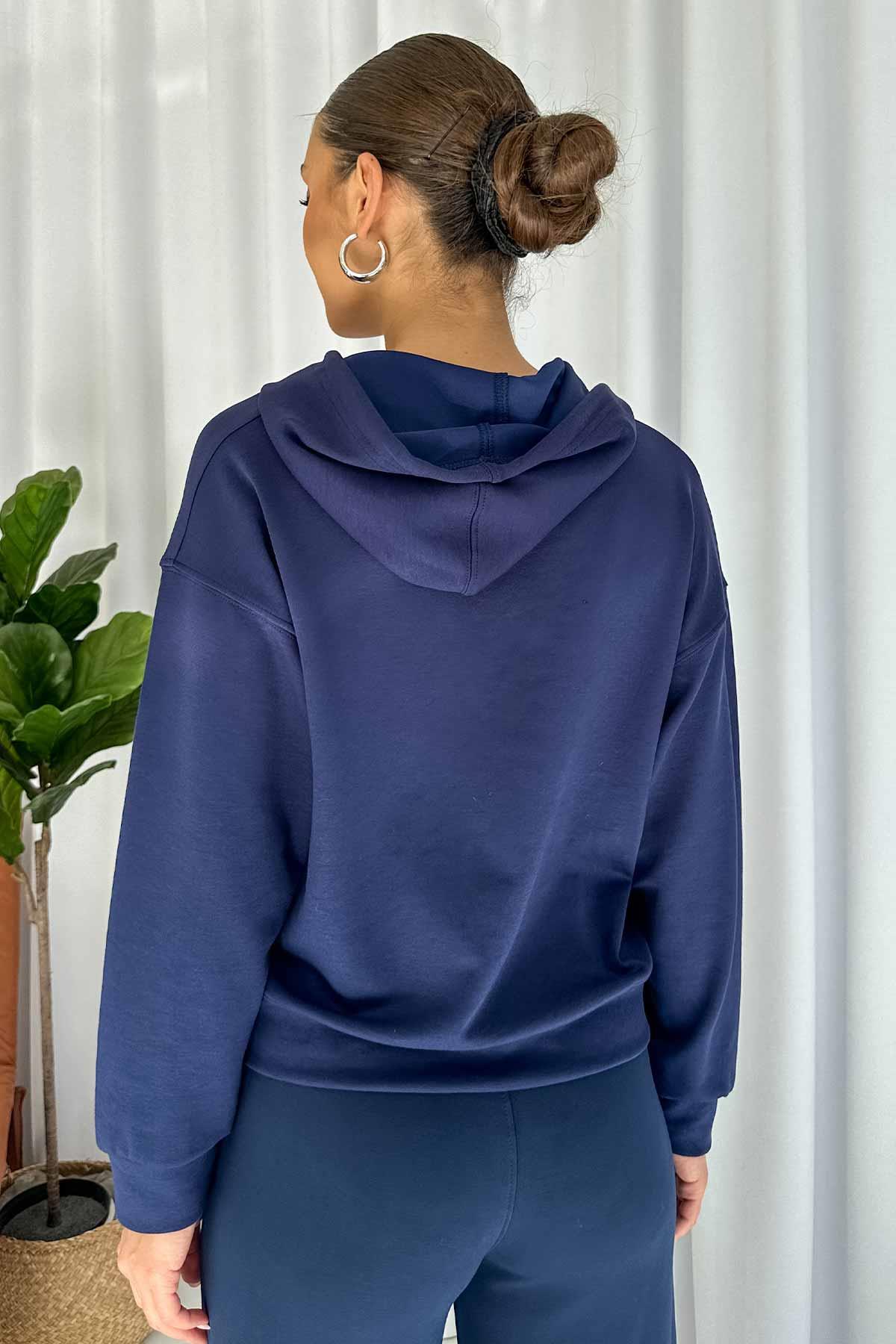 Modal Kumaş Kapüşonlu Sweatshirt - İndigo