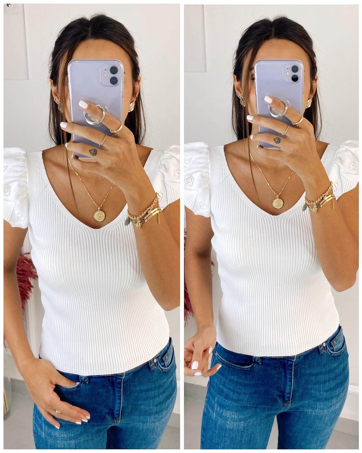 Omuz Fırfır Detay V Yaka Bluz