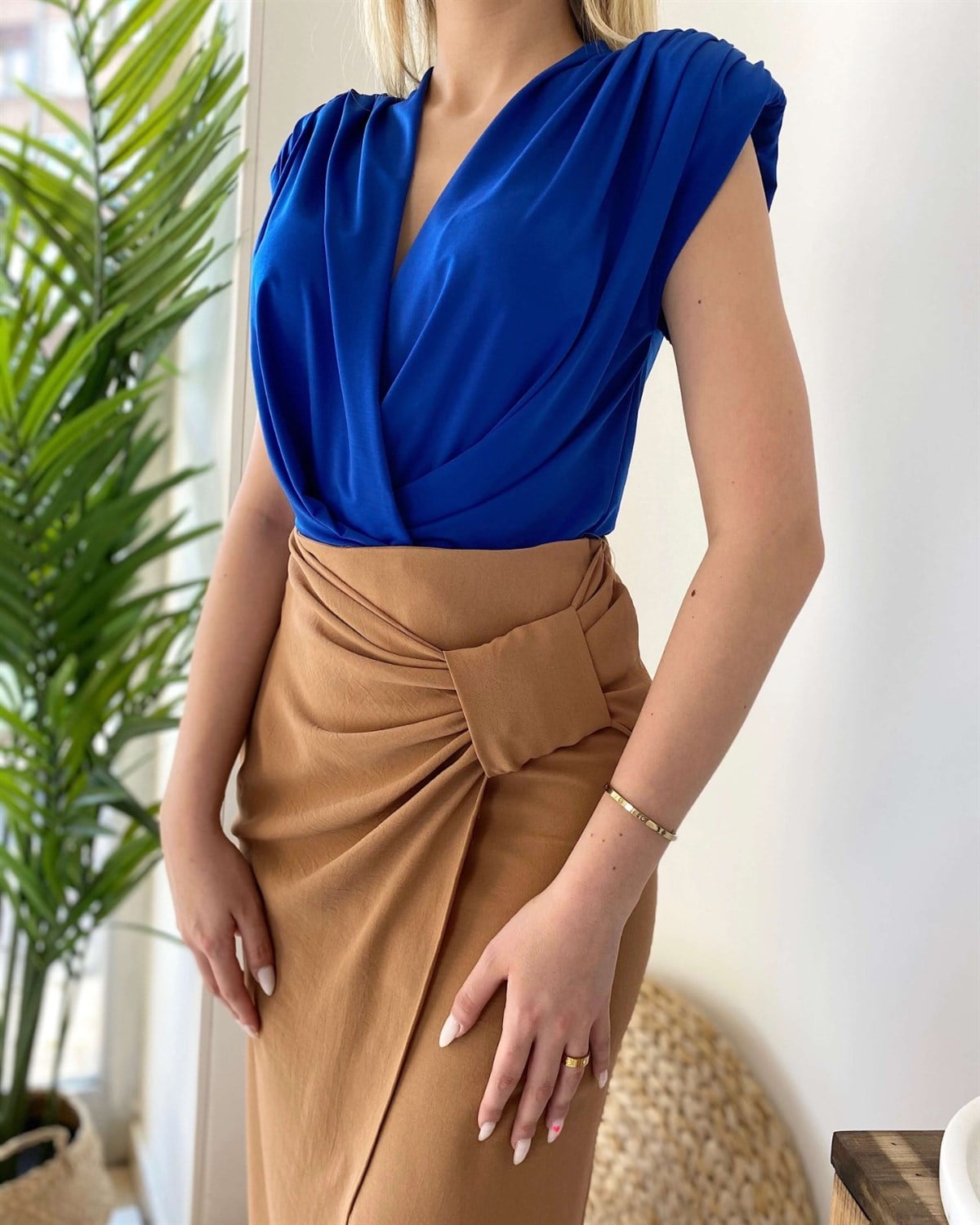 Omuz Vatkalı Bodysuit Bluz-Mavi