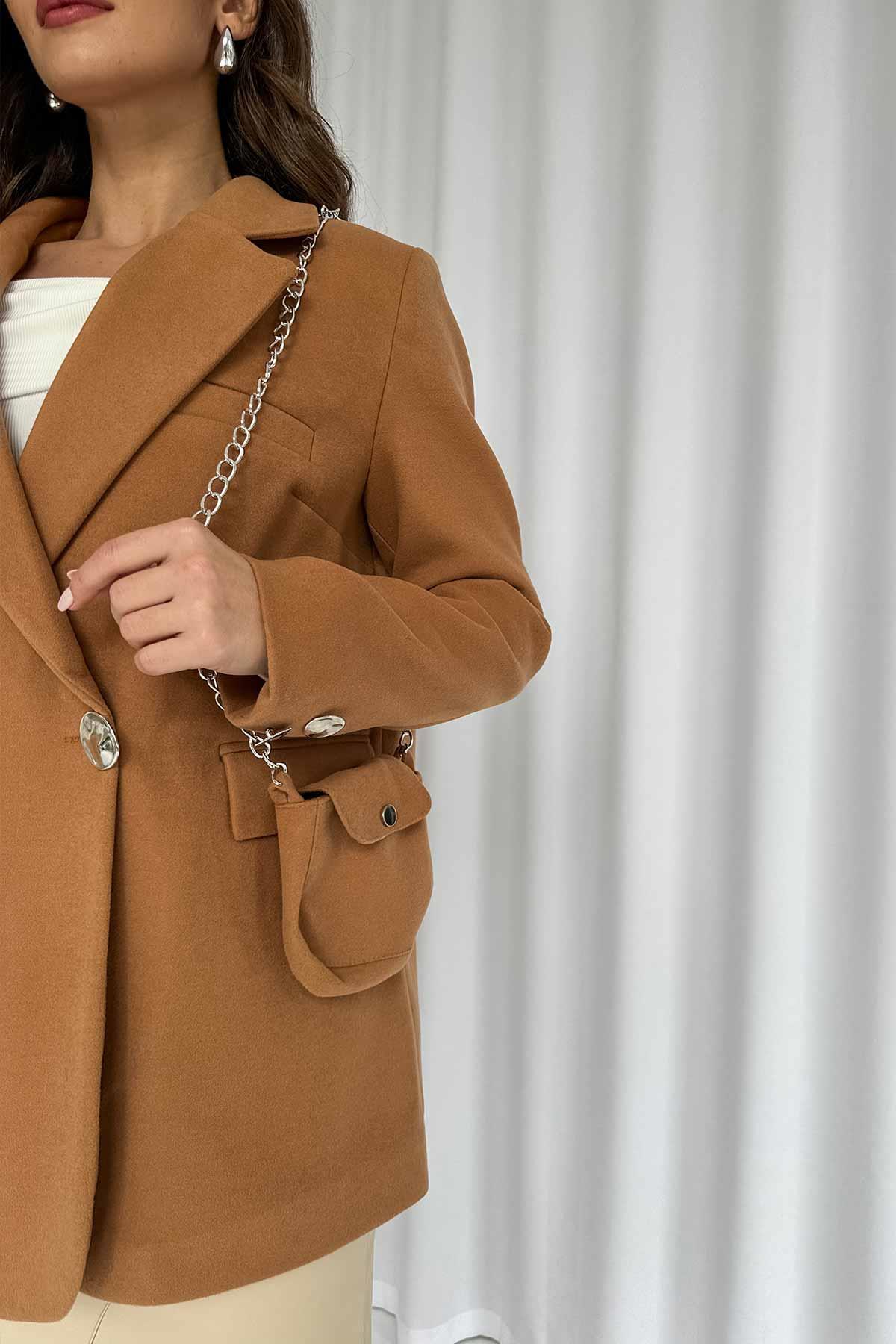Omuz Vatkalı Çantalı Kadın Ceket - Kahverengi