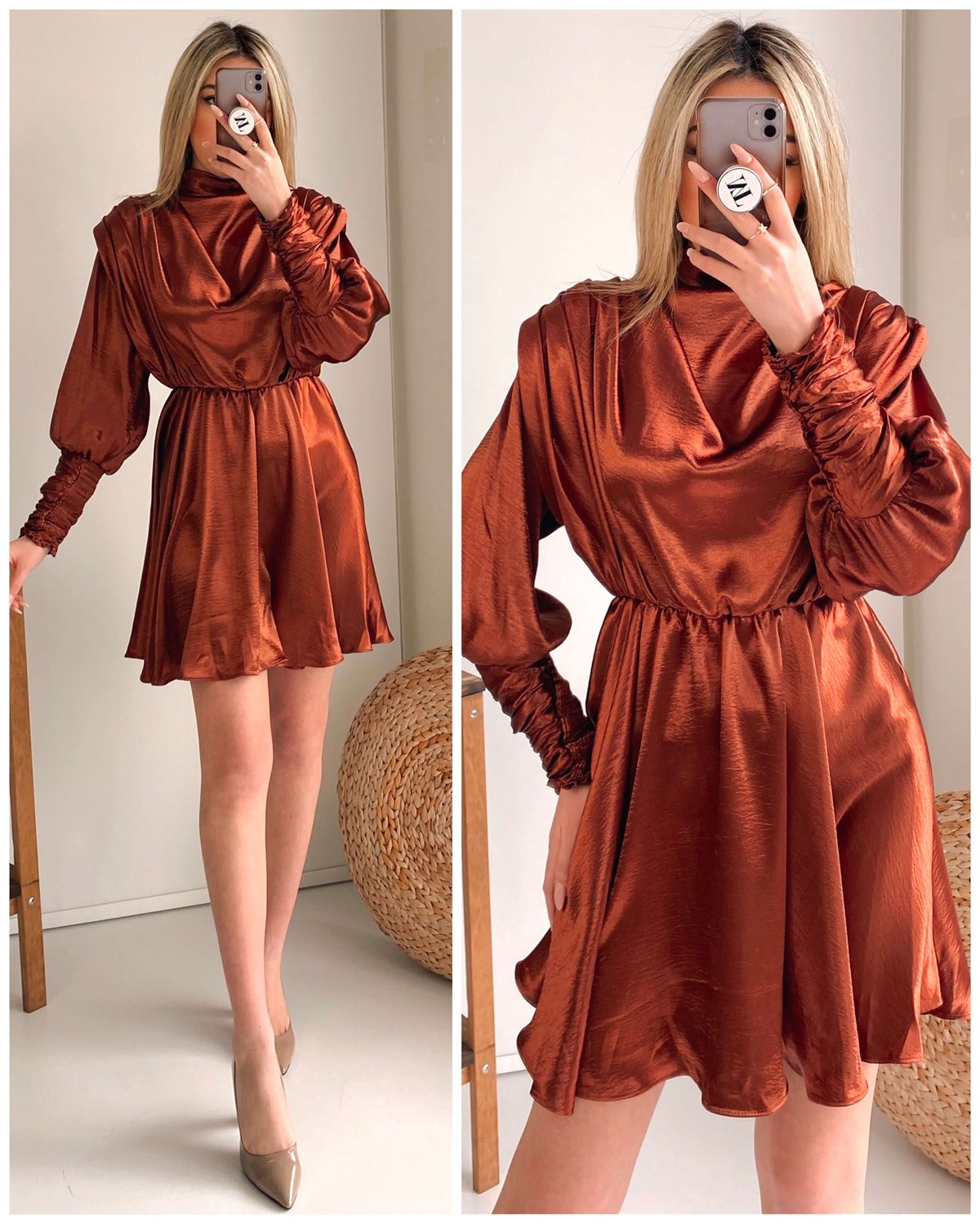 Omuz Vatkalı Saten Drape Elbise