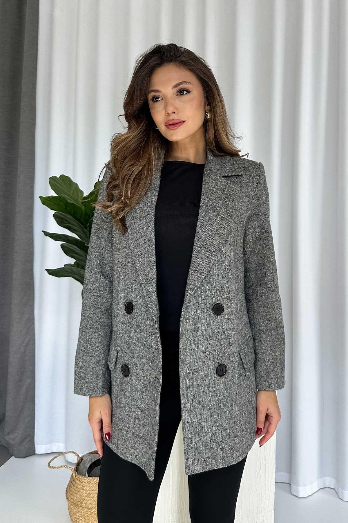 Omzu Vatkalı Blazer Kadın Ceket - Gri