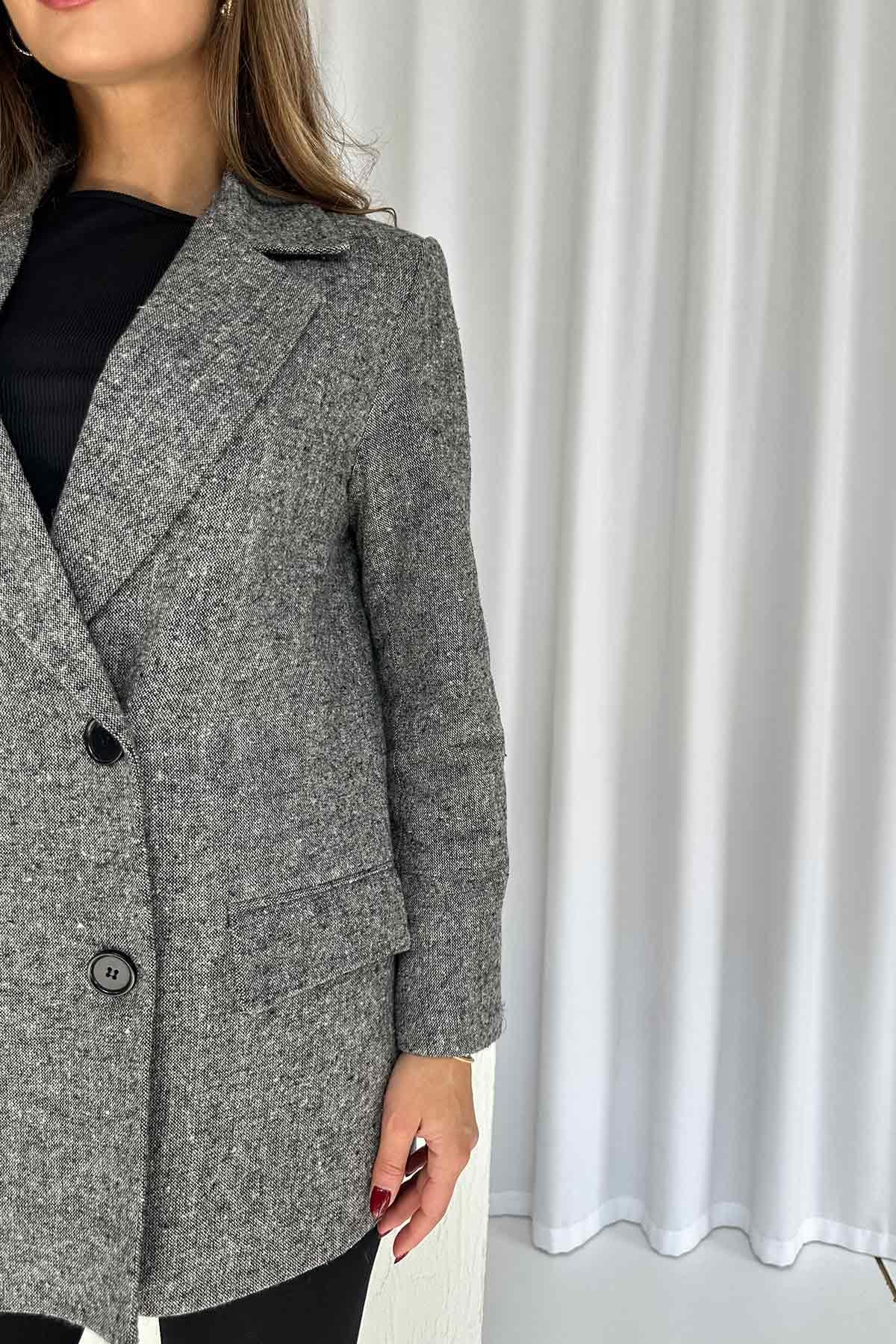 Omzu Vatkalı Blazer Kadın Ceket - Gri