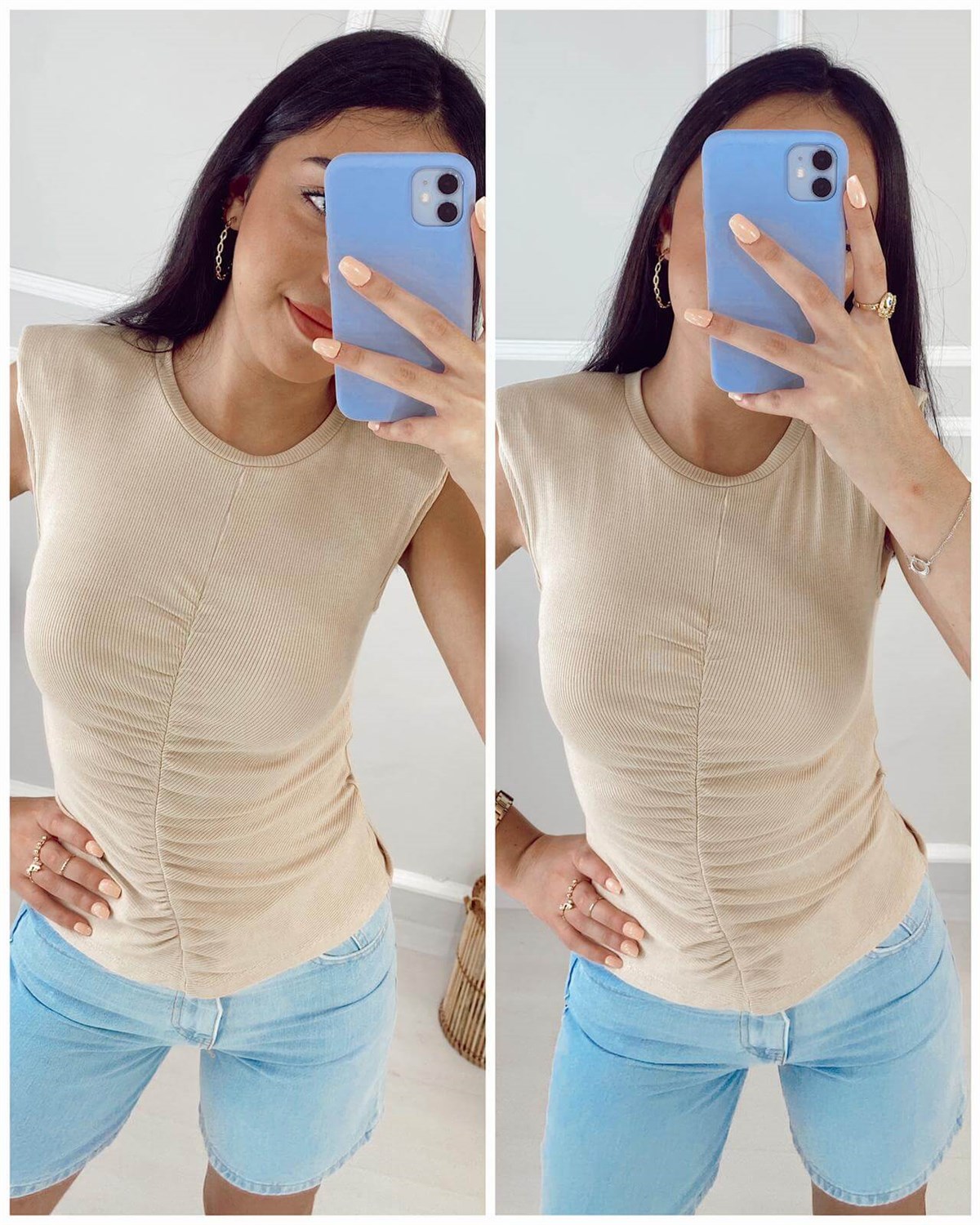 Omzu Vatkalı Sıfır Kol T-shirt