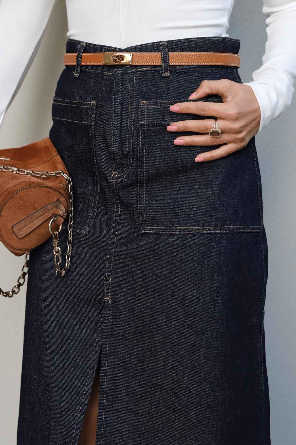 Ön Yırtmaç Detay Denim Etek