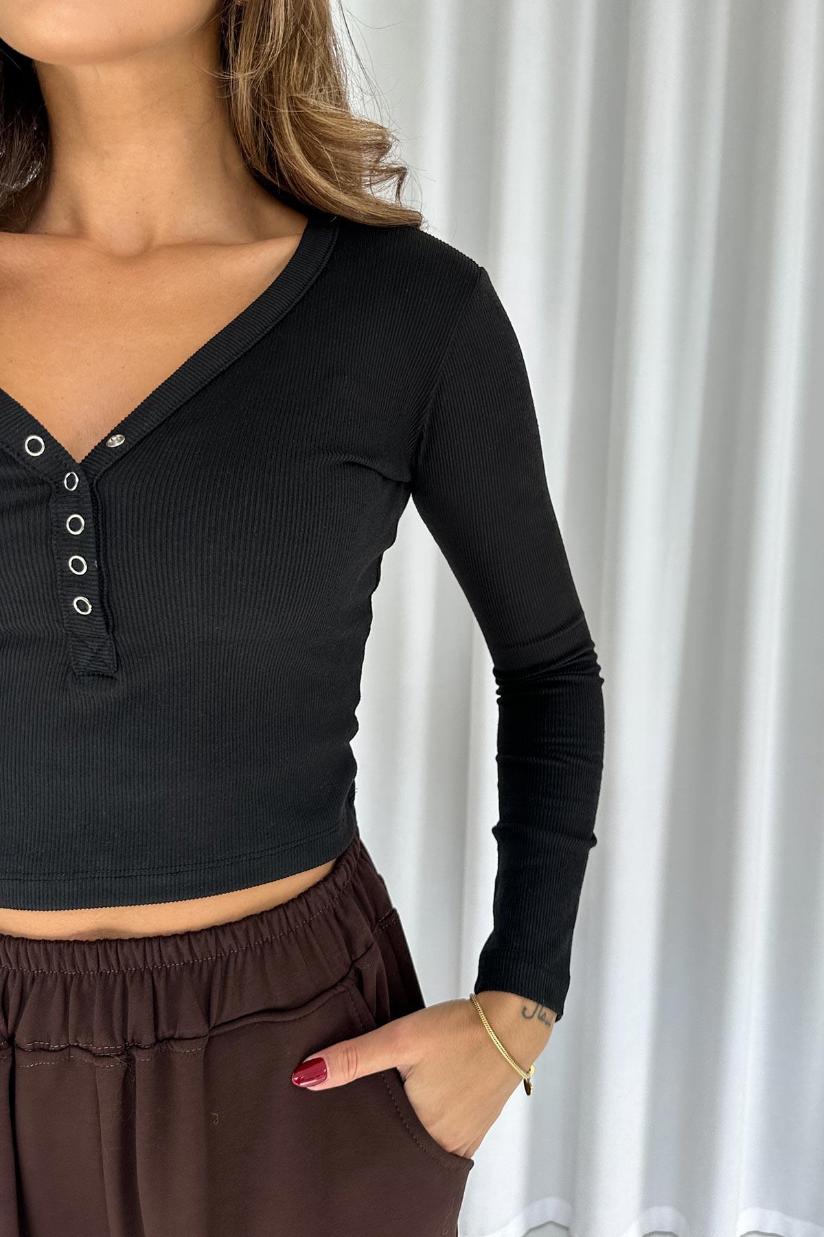 Önü Çıtçıtlı Uzun Kol Kaşkorse Body  - Siyah