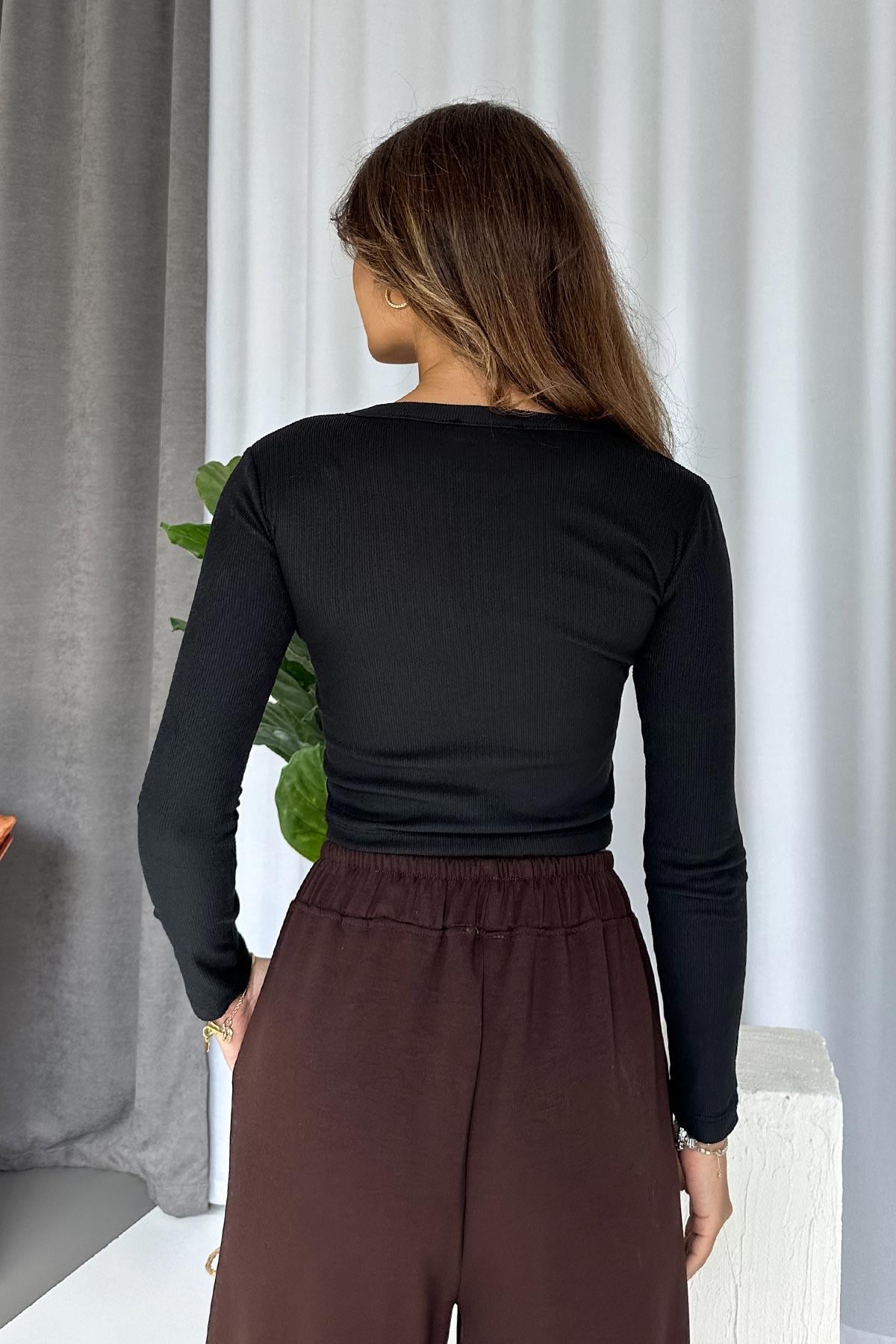 Önü Çıtçıtlı Uzun Kol Kaşkorse Body  - Siyah