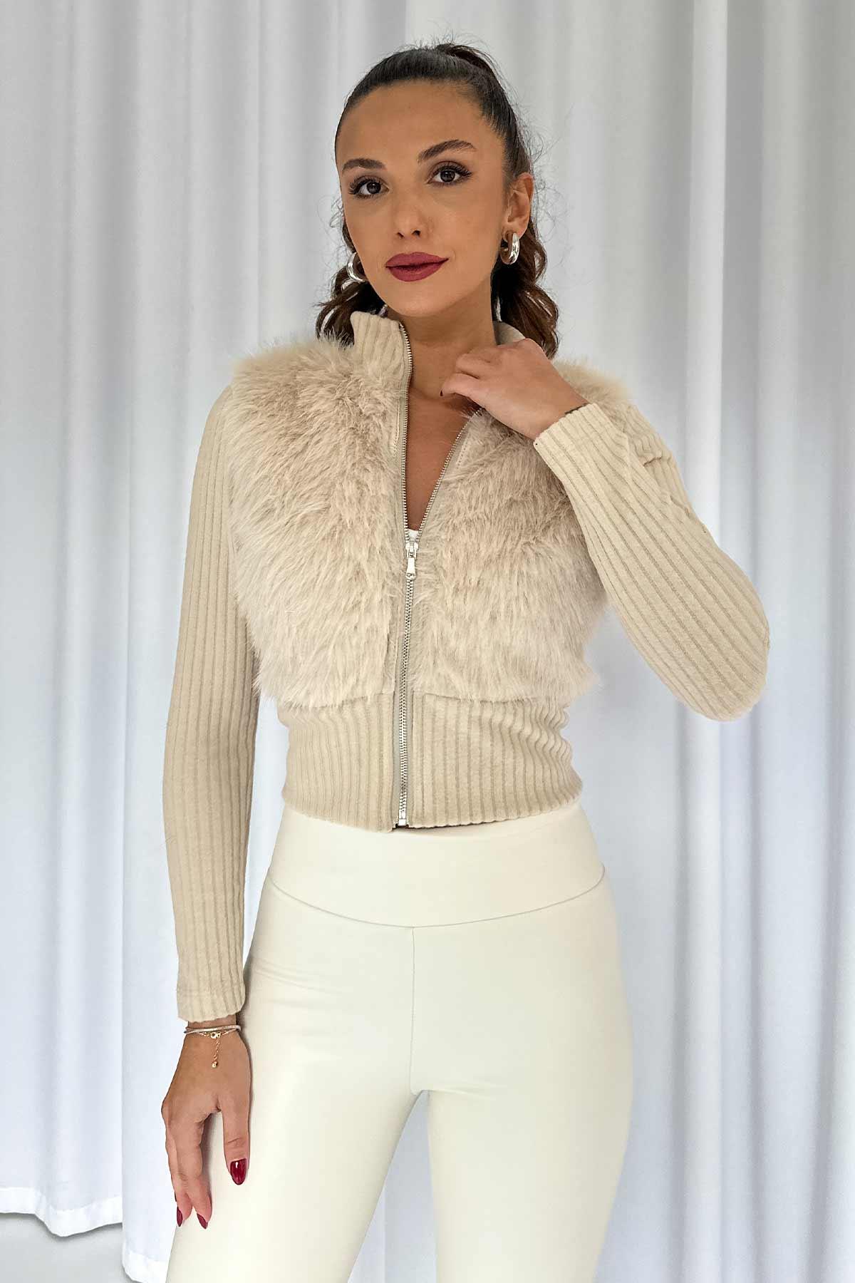 Önü Kürk Detaylı Crop Hırka - Vizon
