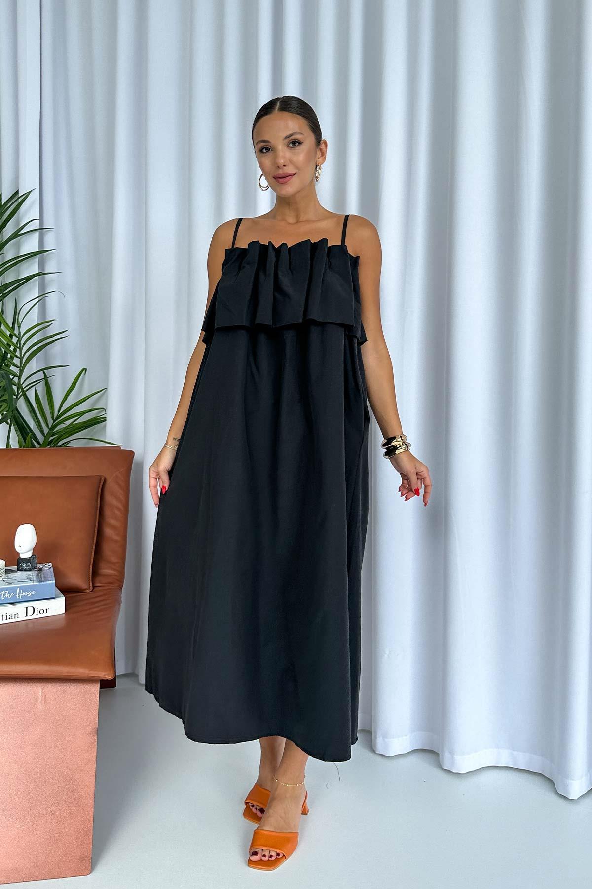 Önü Pileli Kadın Elbise - Siyah