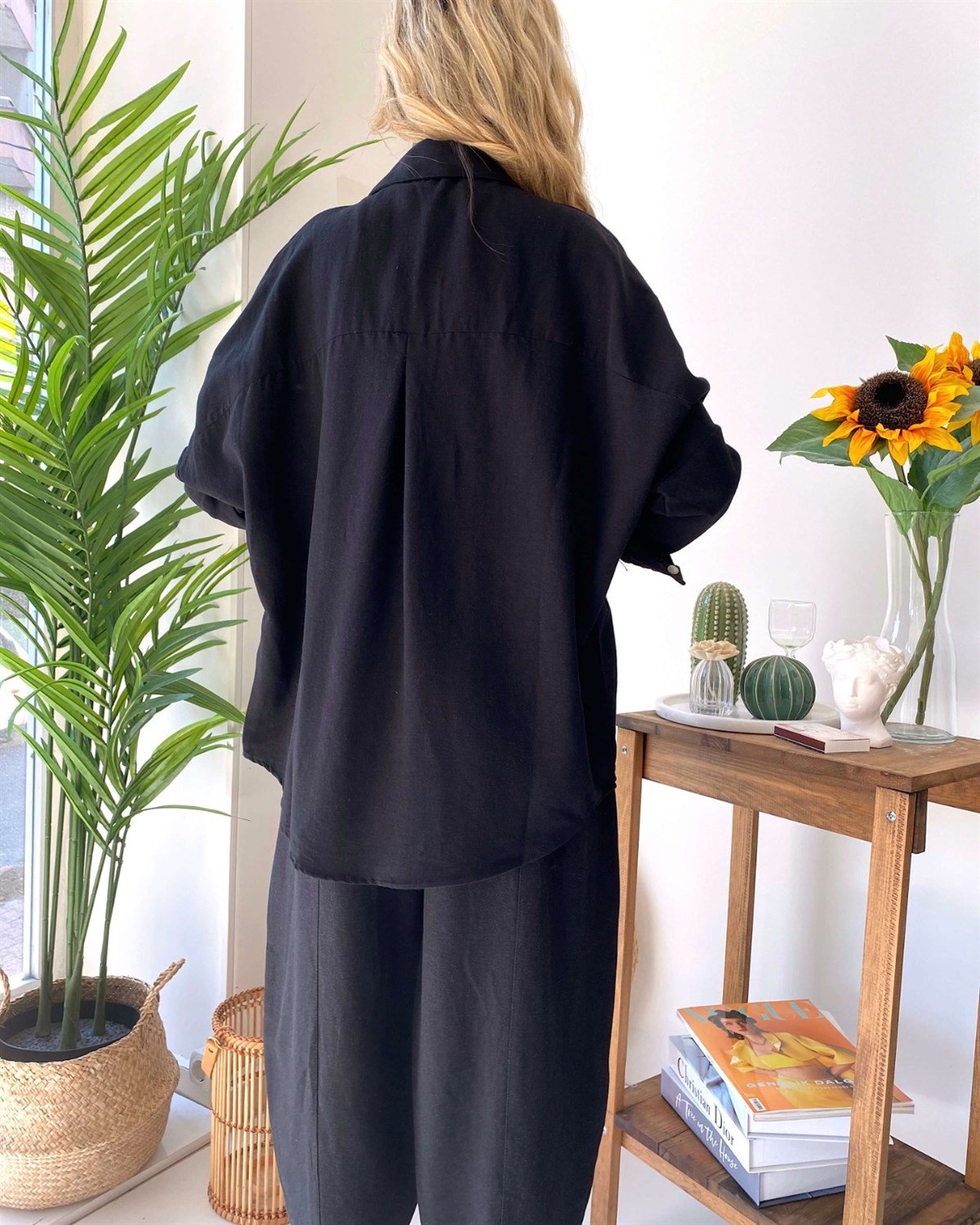 Oversize Düz Keten Gömlek - Siyah