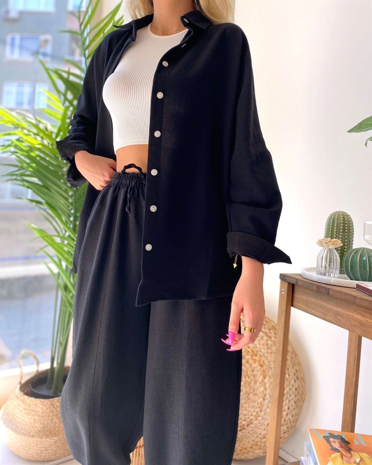 Oversize Düz Keten Gömlek - Siyah
