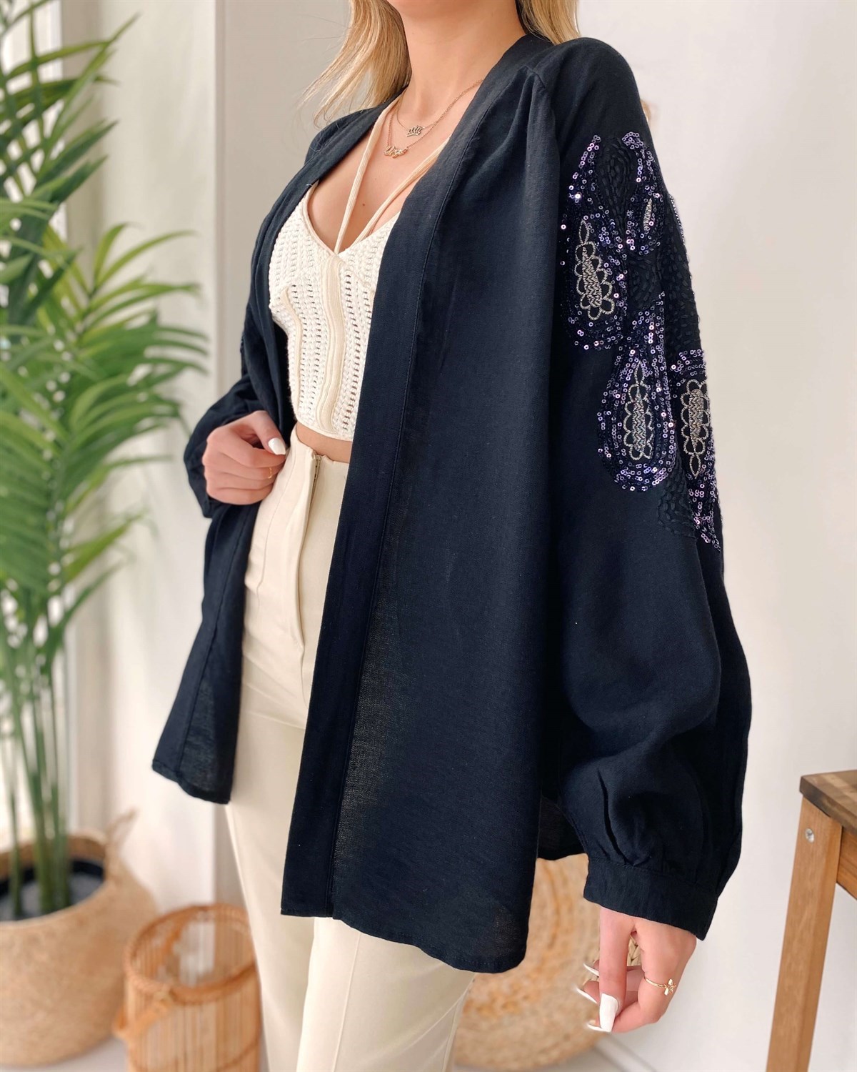 Payetli Kimono - Siyah