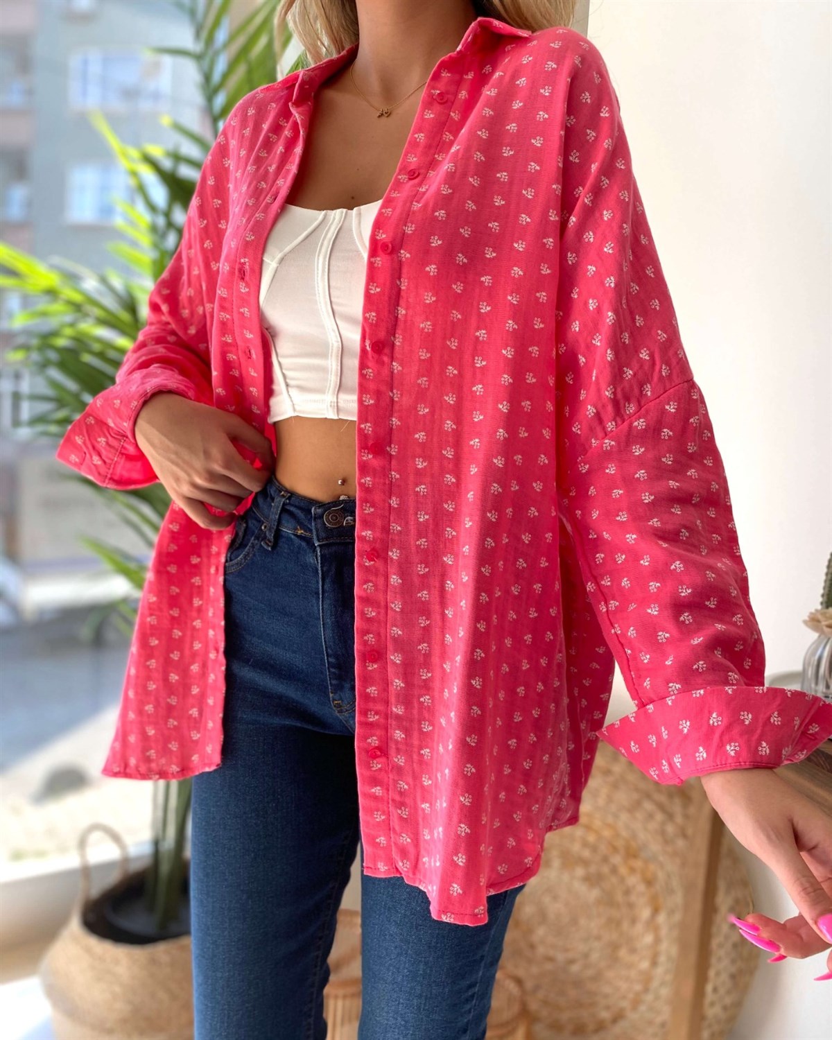 Pembe Desenli Uzun Kollu Oversize Gömlek