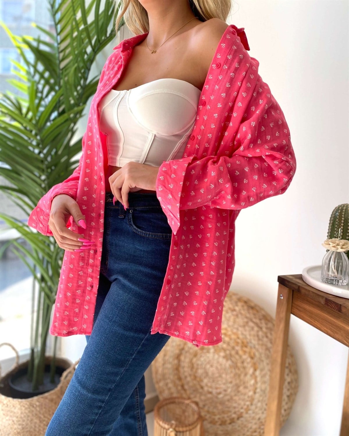 Pembe Desenli Uzun Kollu Oversize Gömlek