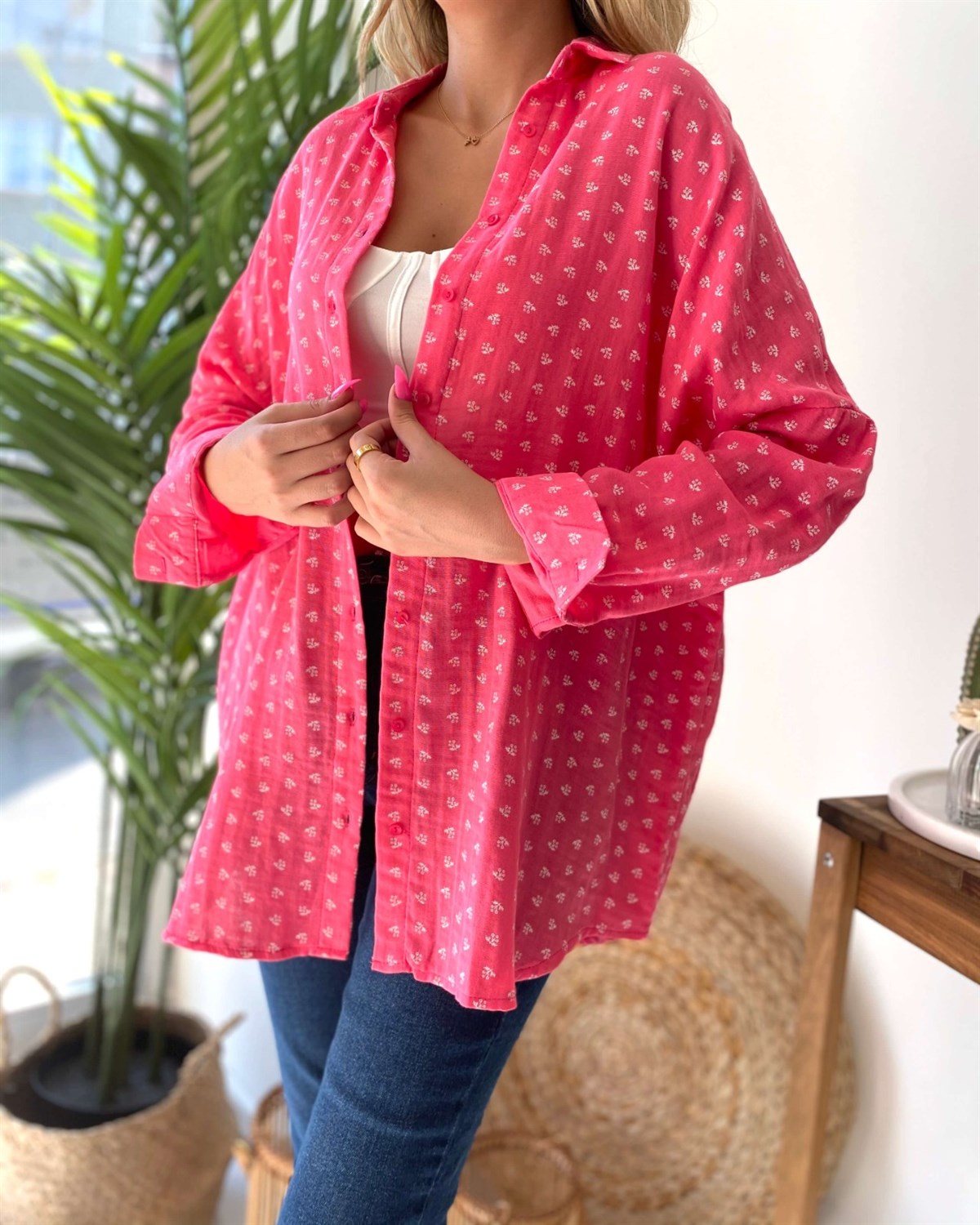 Pembe Desenli Uzun Kollu Oversize Gömlek