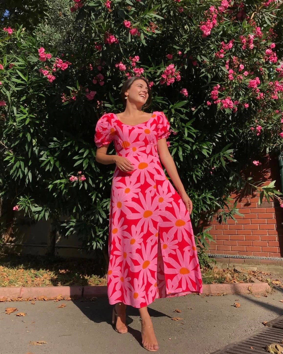 Pembe Papatya Desen Uzun Elbise