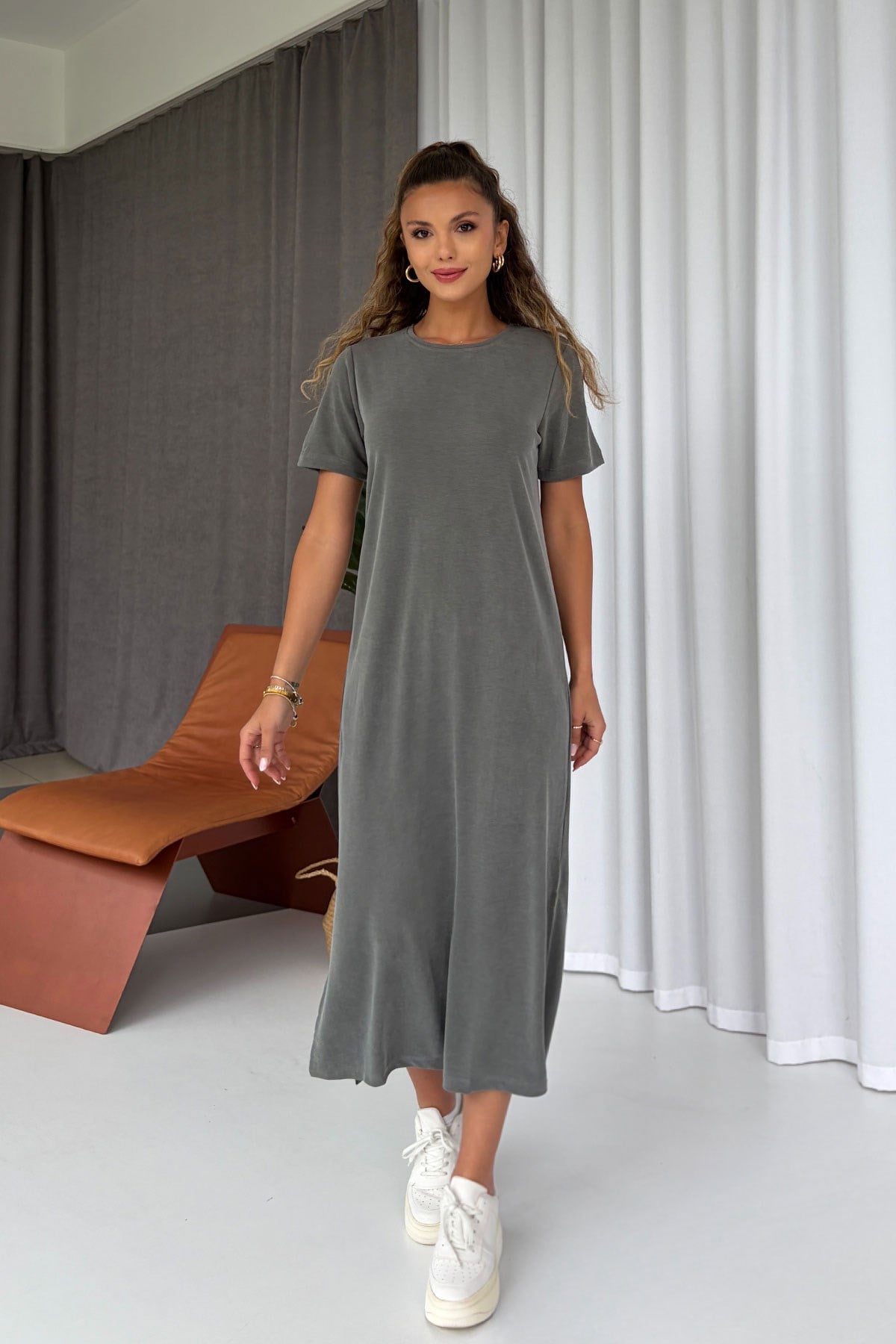 Pike Kumaş Basic Elbise - Haki