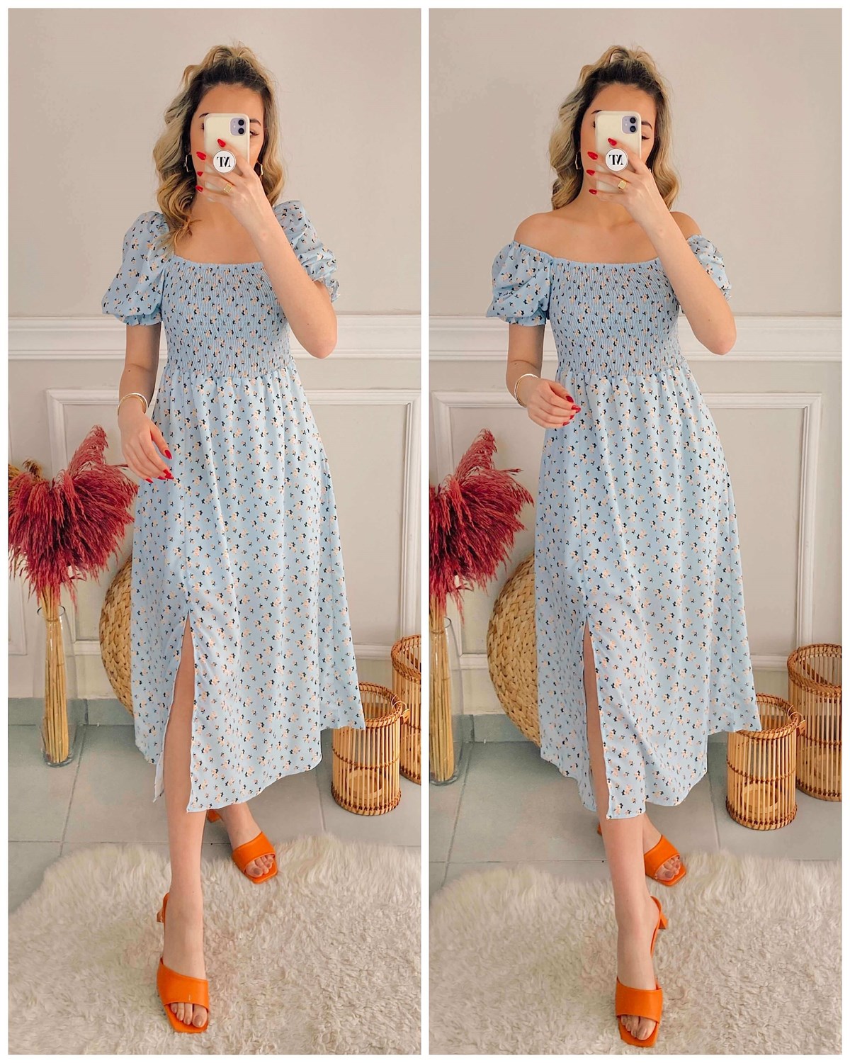 Pıtır Çiçek Yırtmaç Detay Elbise