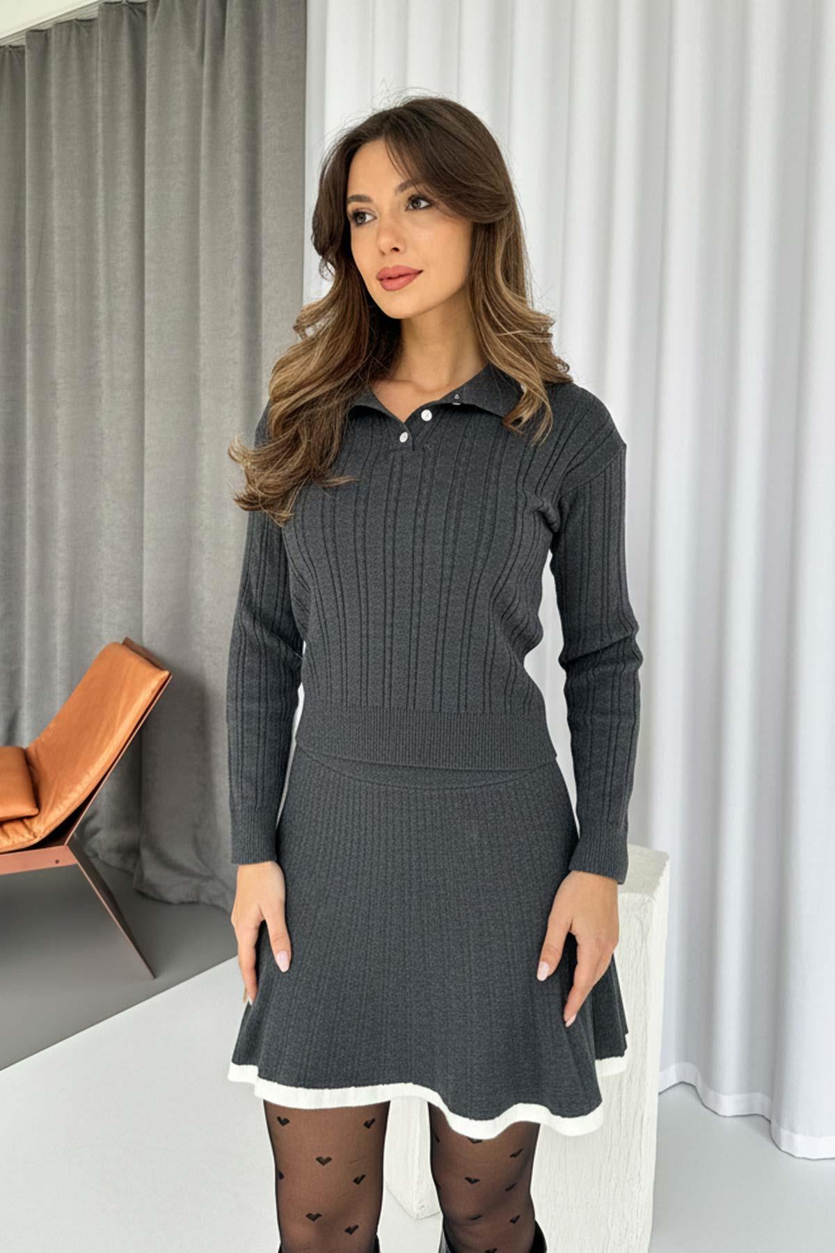 Polo Yaka Biye Detaylı Triko Etek 2'li Takım - Antrasit