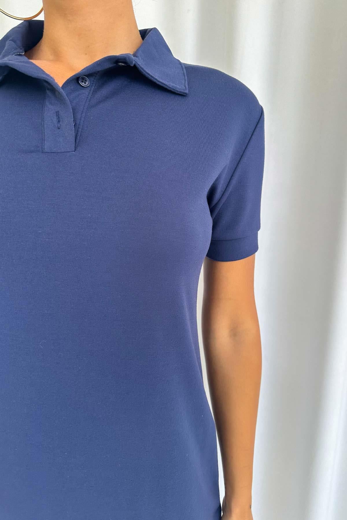 Polo Yaka Midi Boy Relax Fit Kadın Elbise - Lacivert