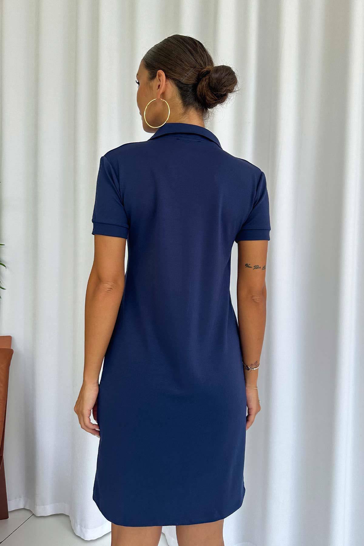 Polo Yaka Midi Boy Relax Fit Kadın Elbise - Lacivert