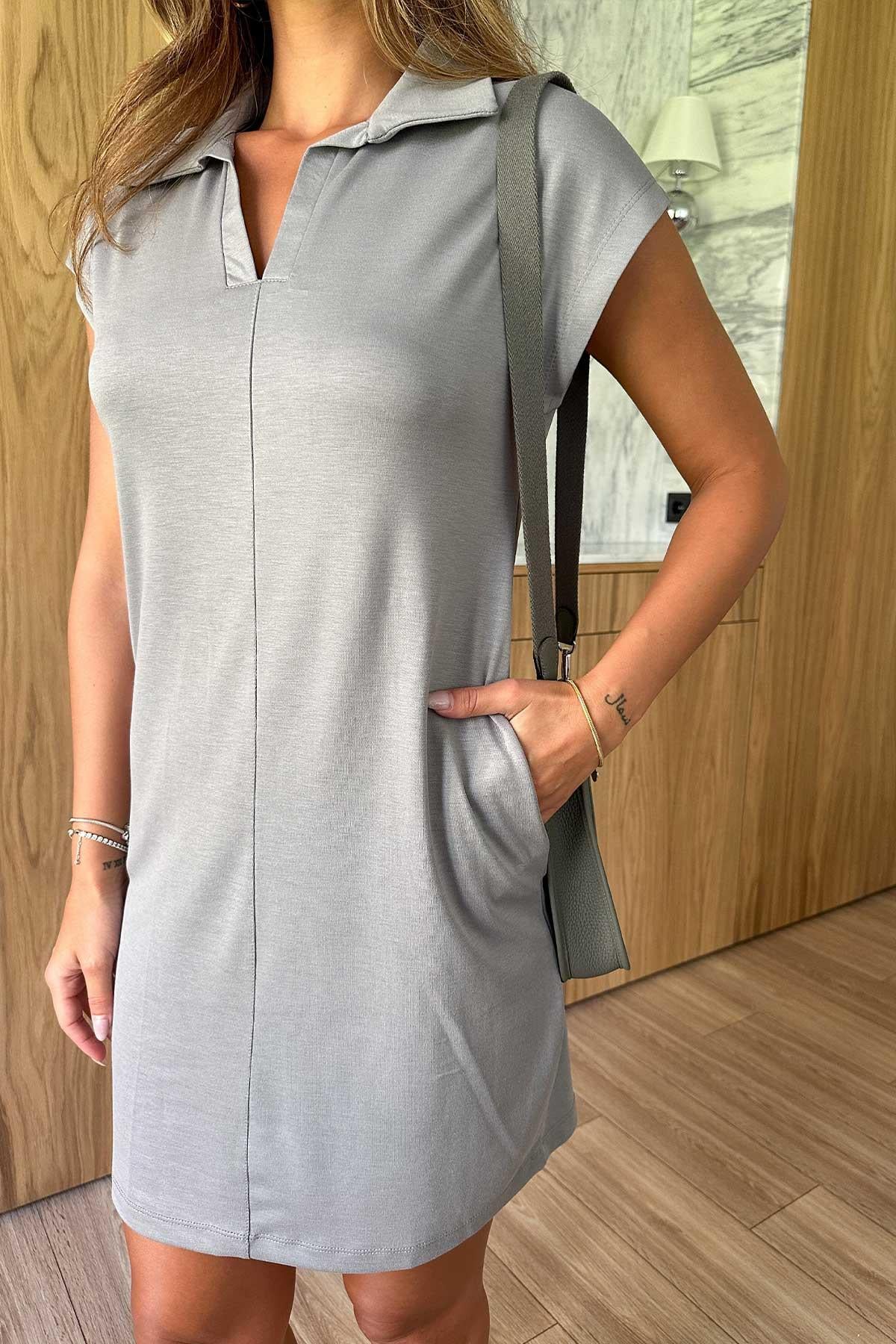 Polo Yaka Modal Kumaş Kadın Kısa Kol Elbise - Gri