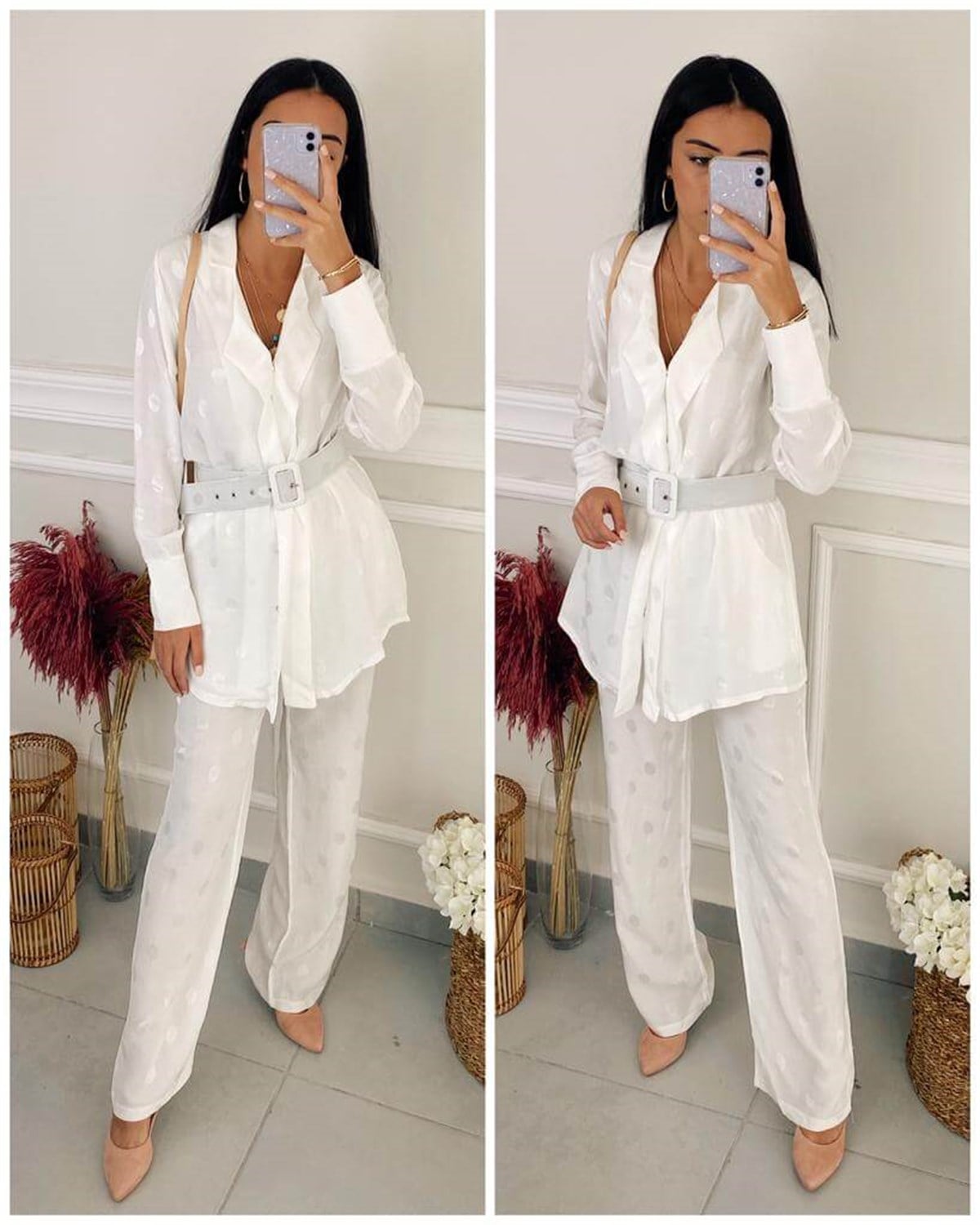 Puantiye Detay Kemerli Ceket Pantolon Takım