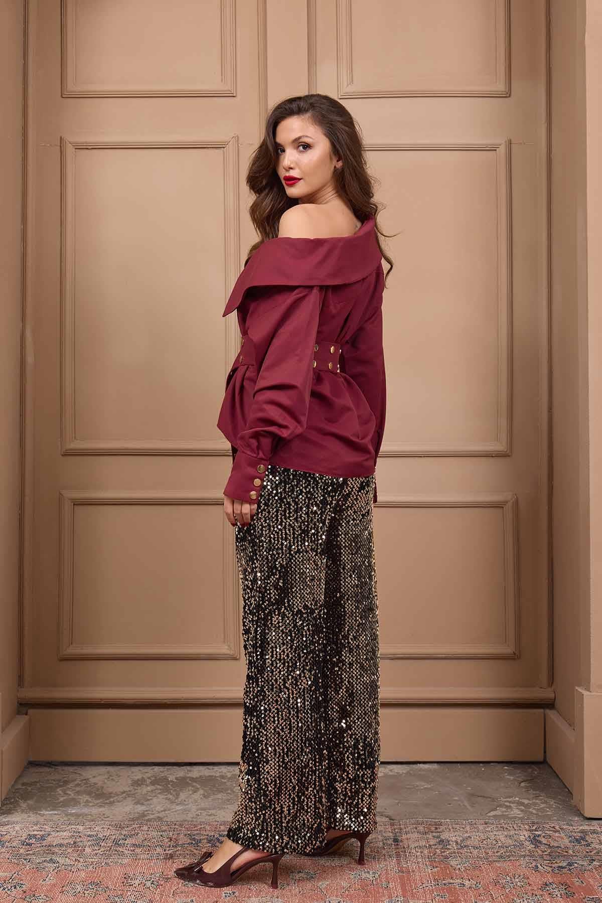 Pullu Straight Kadın Pantolon - Sarı