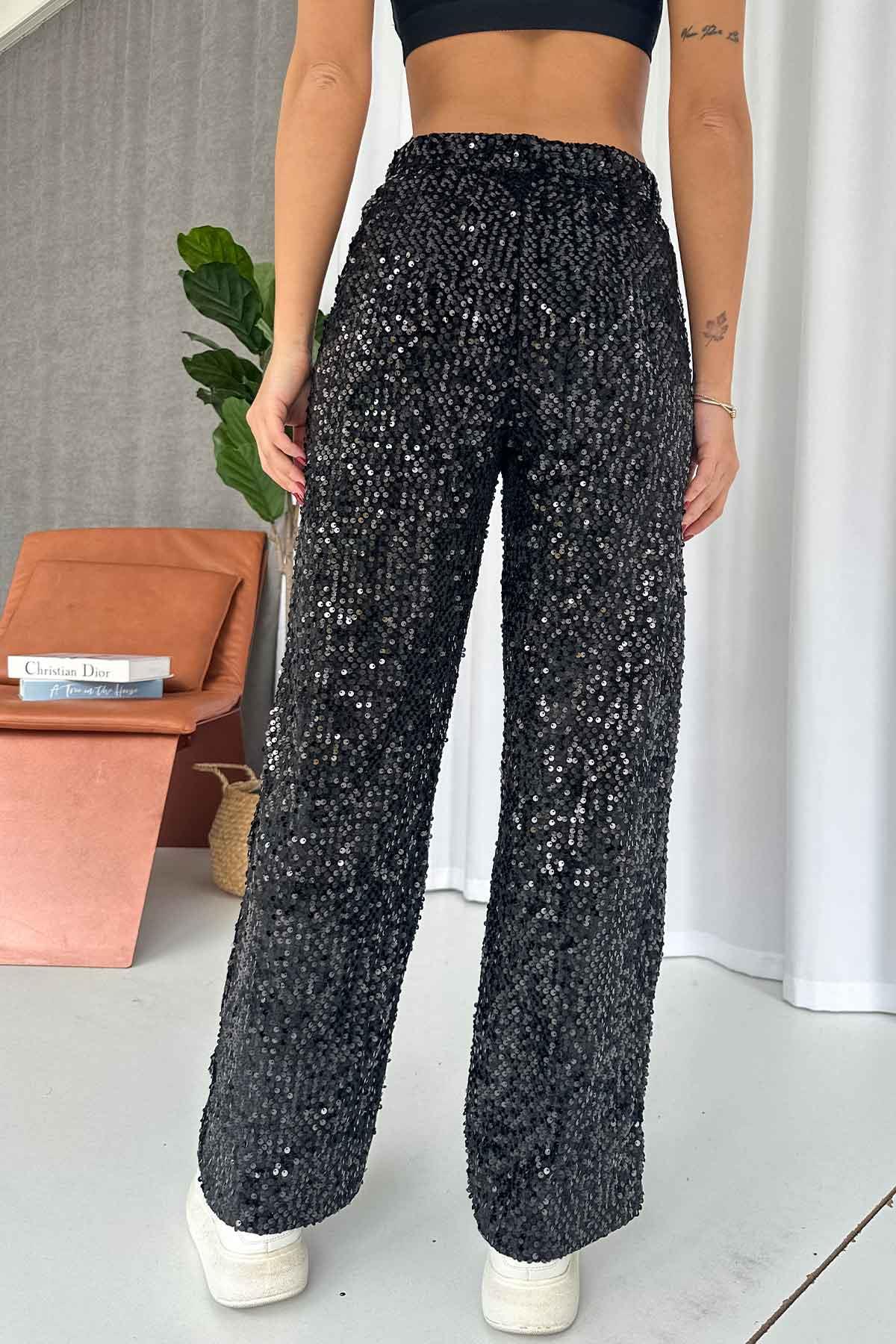 Pullu Straight Kadın Pantolon - Siyah