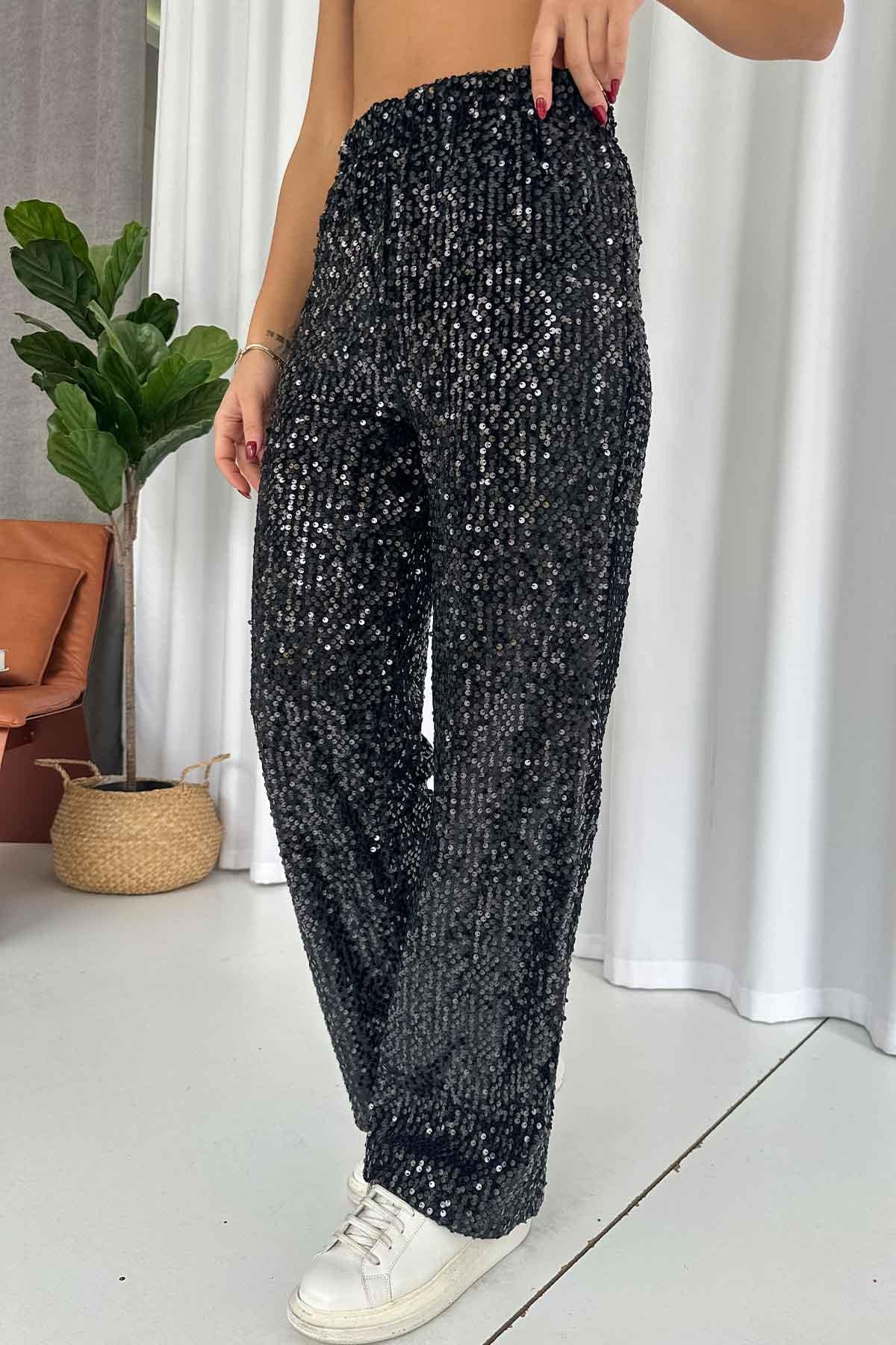 Pullu Straight Kadın Pantolon - Siyah